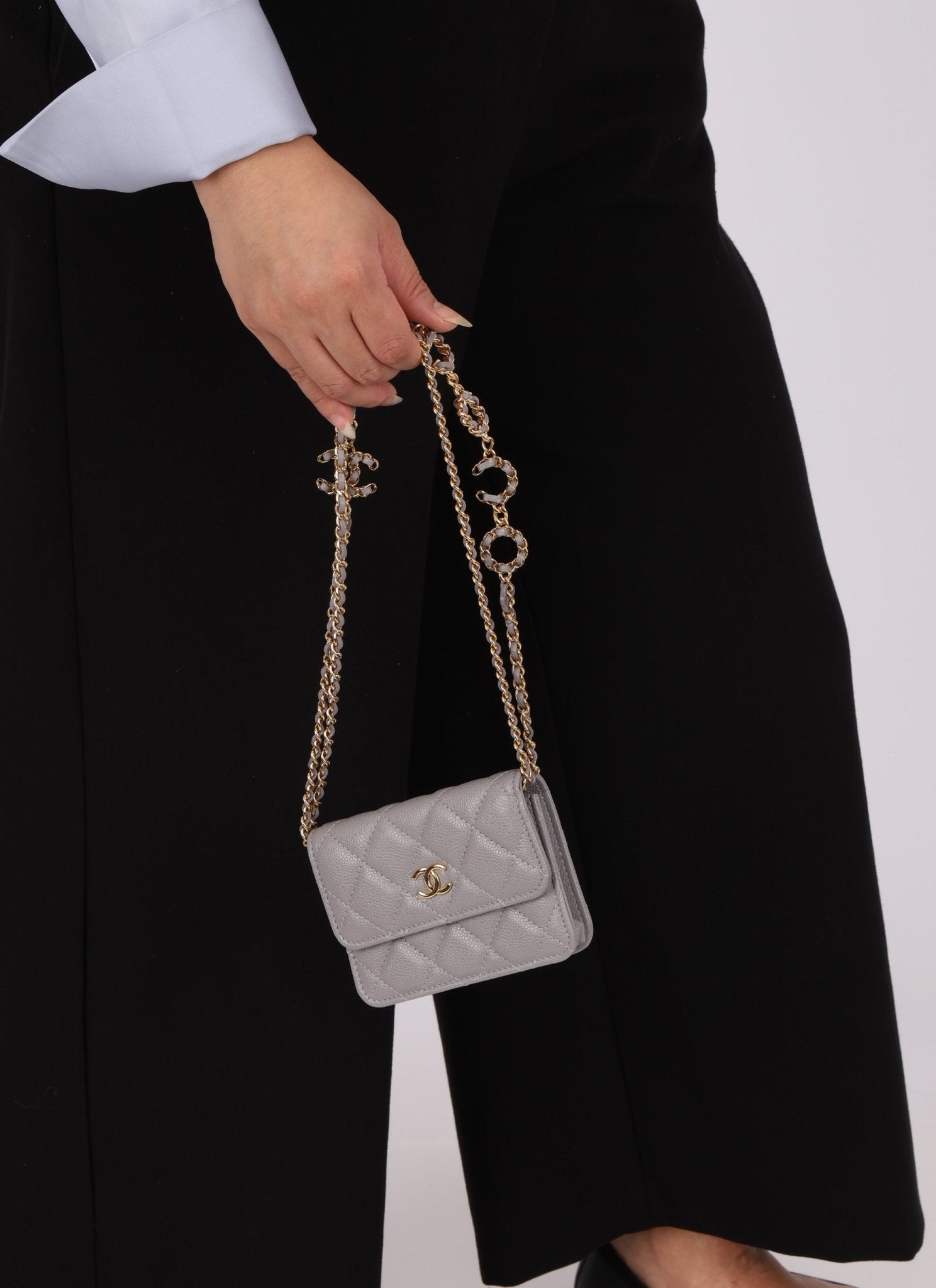 Chanel 2021 Grey Caviar COCO Cardholder on Chain - FashioNica