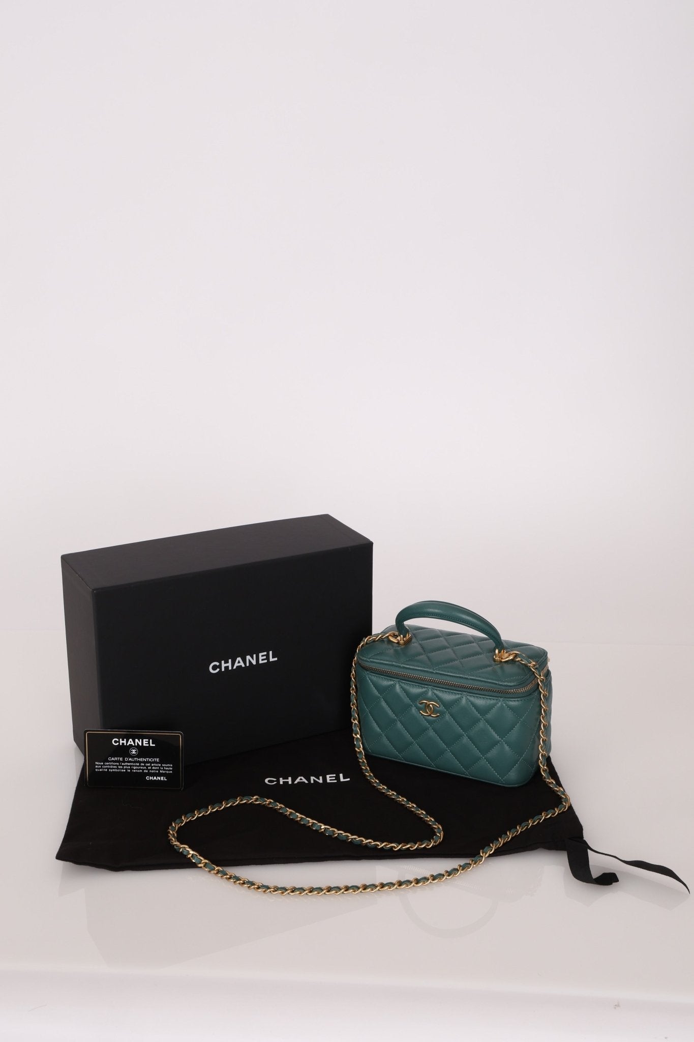 Chanel 2021 Lambskin Teal Mini Rectangular Top Handle Vanity - FashioNica