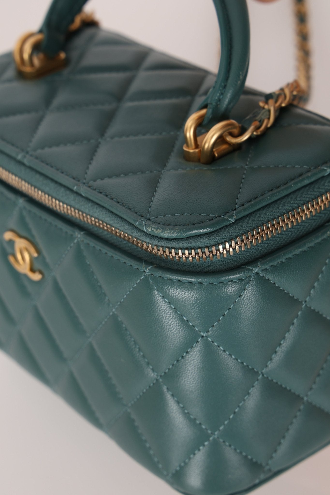 Chanel 2021 Lambskin Teal Mini Rectangular Top Handle Vanity - FashioNica