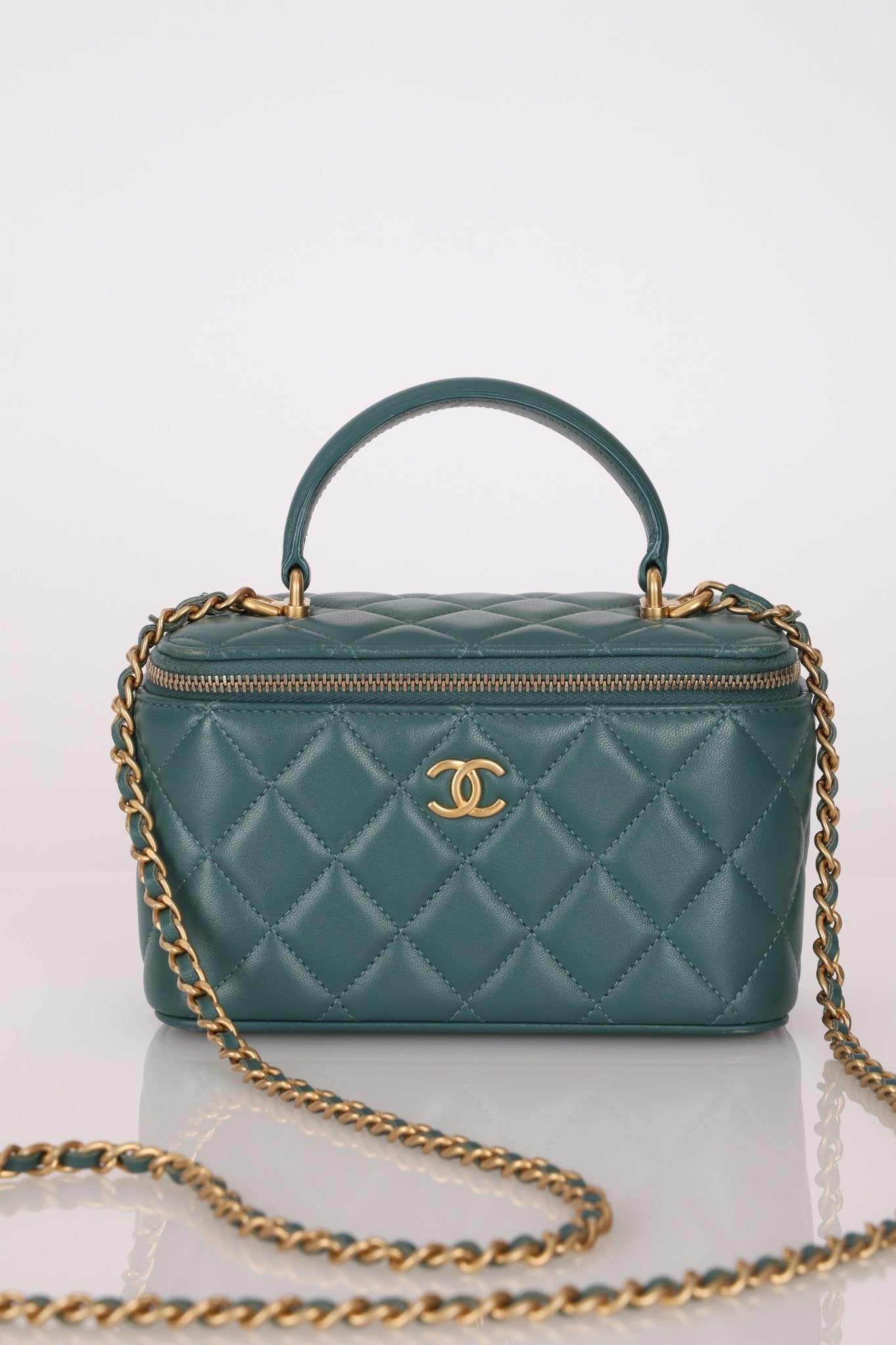 Chanel 2021 Lambskin Teal Mini Rectangular Top Handle Vanity - FashioNica