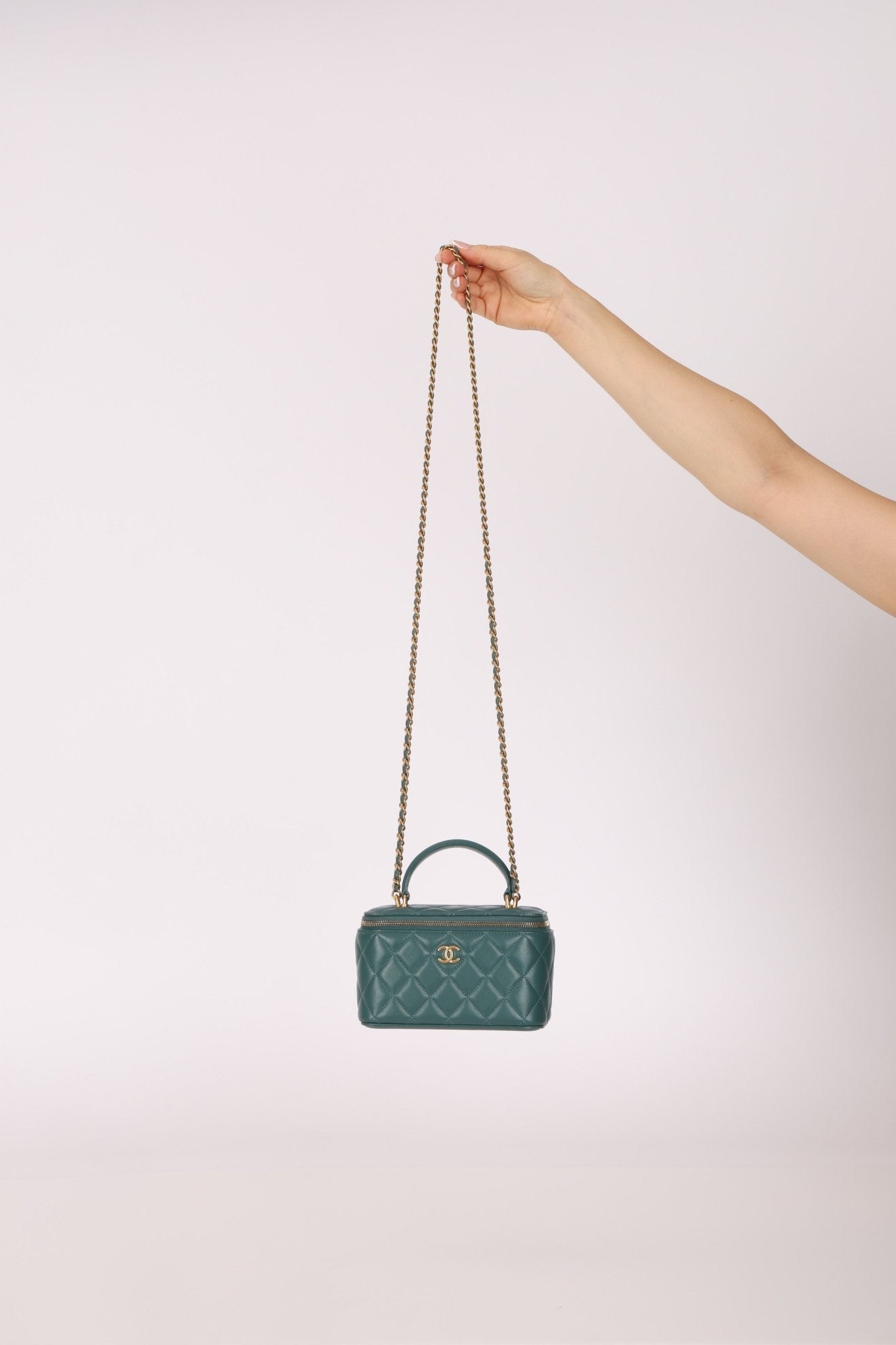 Chanel 2021 Lambskin Teal Mini Rectangular Top Handle Vanity - FashioNica