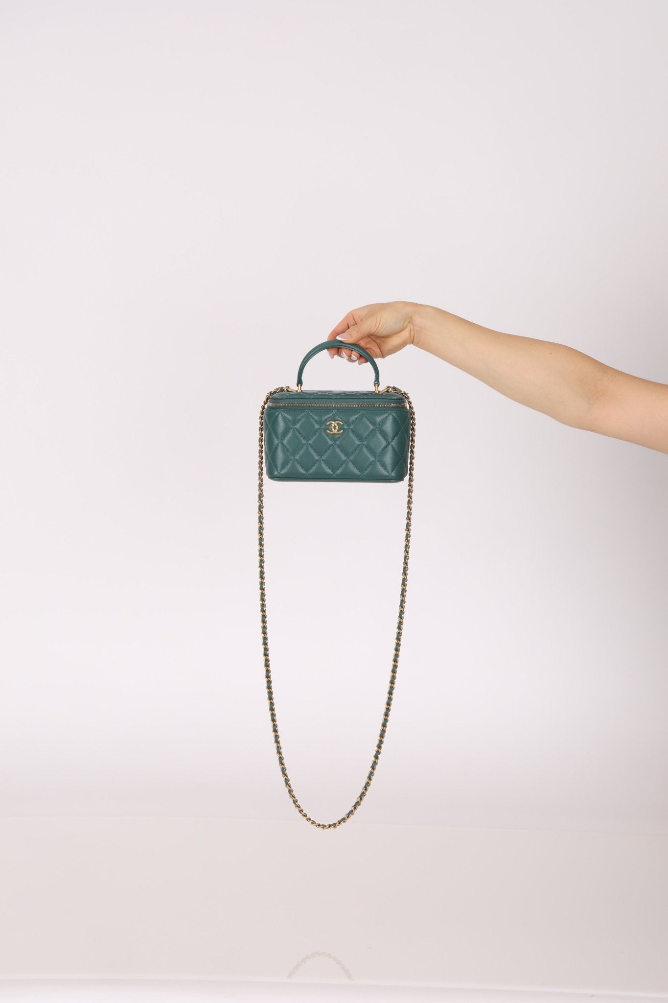 Chanel 2021 Lambskin Teal Mini Rectangular Top Handle Vanity - FashioNica