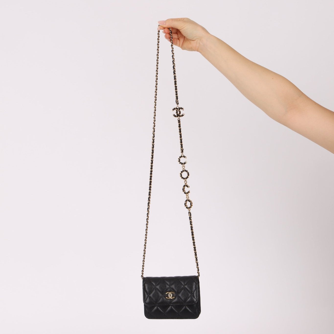Chanel 2021 Miss Coco Strap Caviar Cardholder on Chain - FashioNica