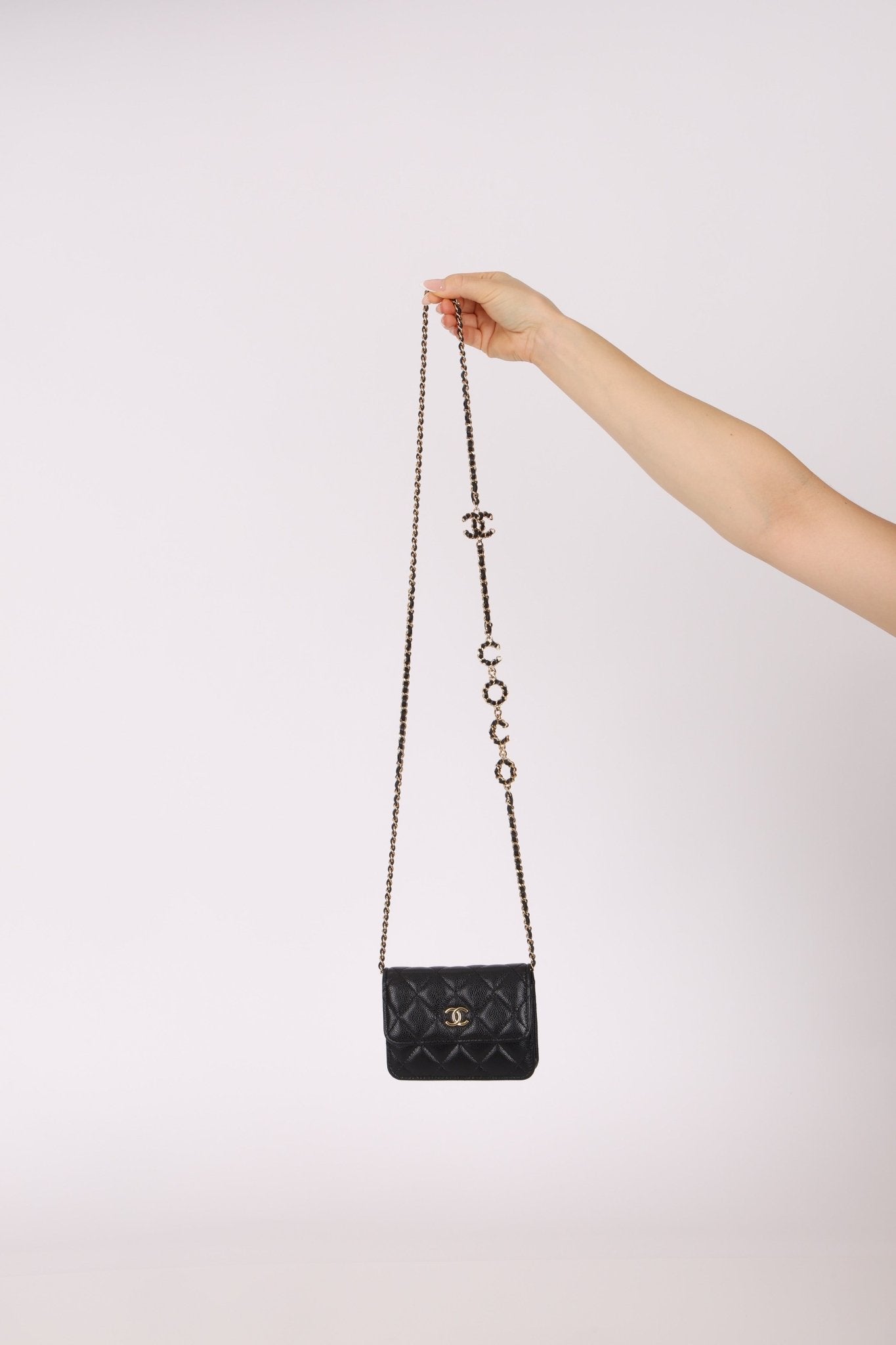 Chanel 2021 Miss Coco Strap Caviar Cardholder on Chain - FashioNica