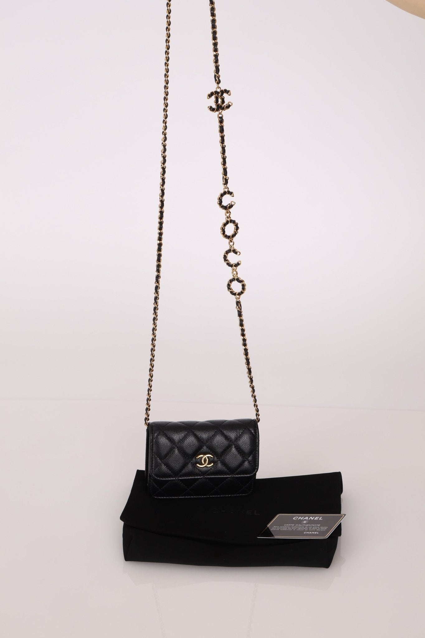 Chanel 2021 Miss Coco Strap Caviar Cardholder on Chain - FashioNica