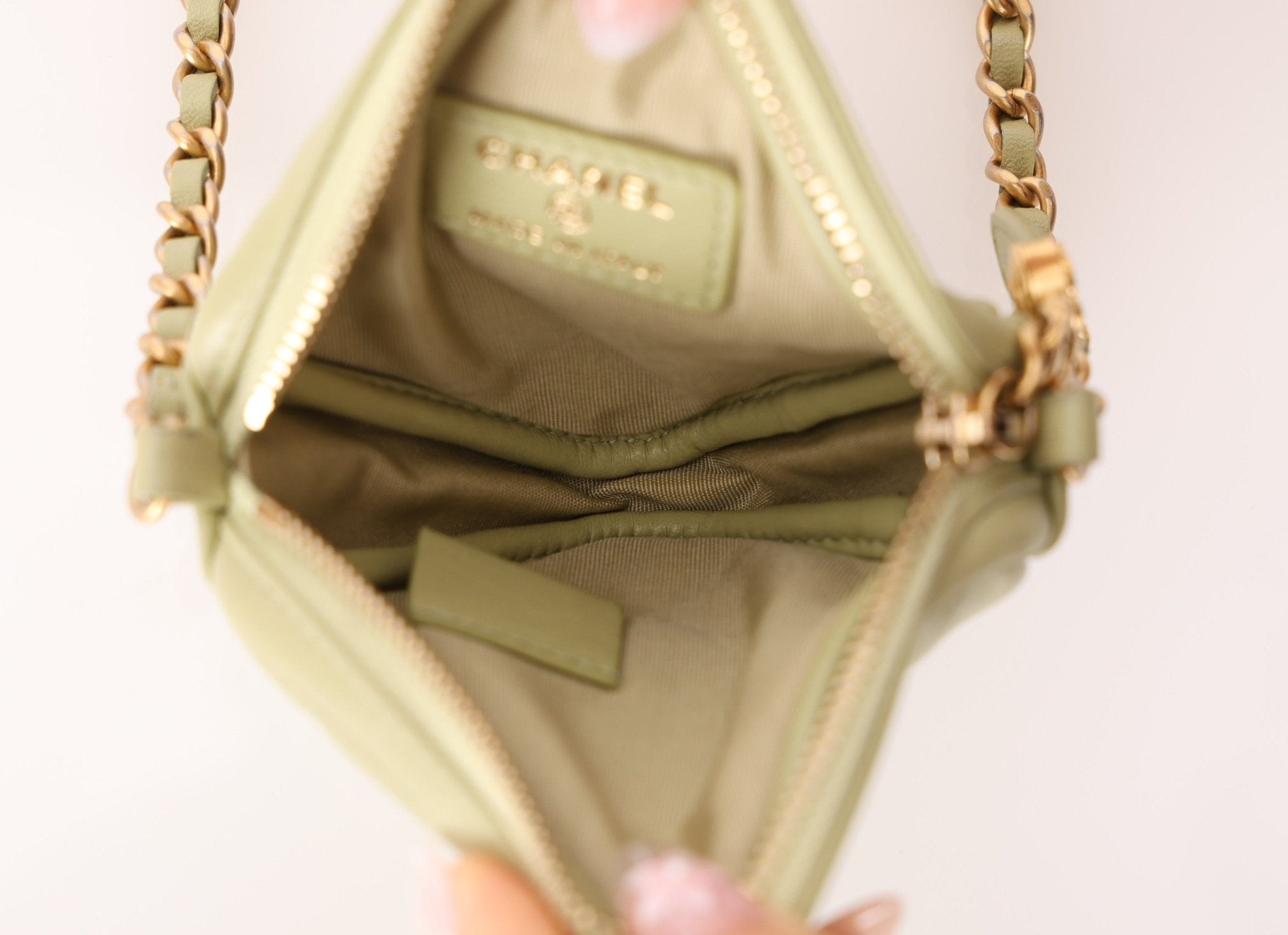 Chanel 2021 Pistachio Lambskin Chocolate Bar Mini Pouch on Chain - FashioNica