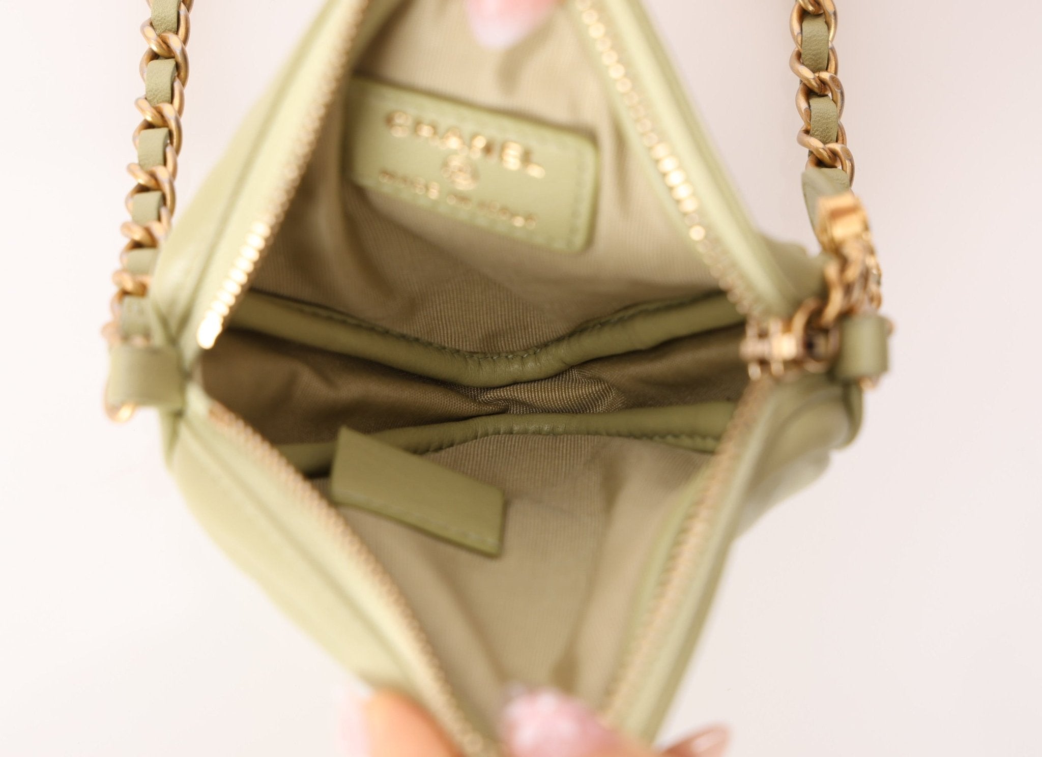 Chanel 2021 Pistachio Lambskin Chocolate Bar Mini Pouch on Chain - FashioNica