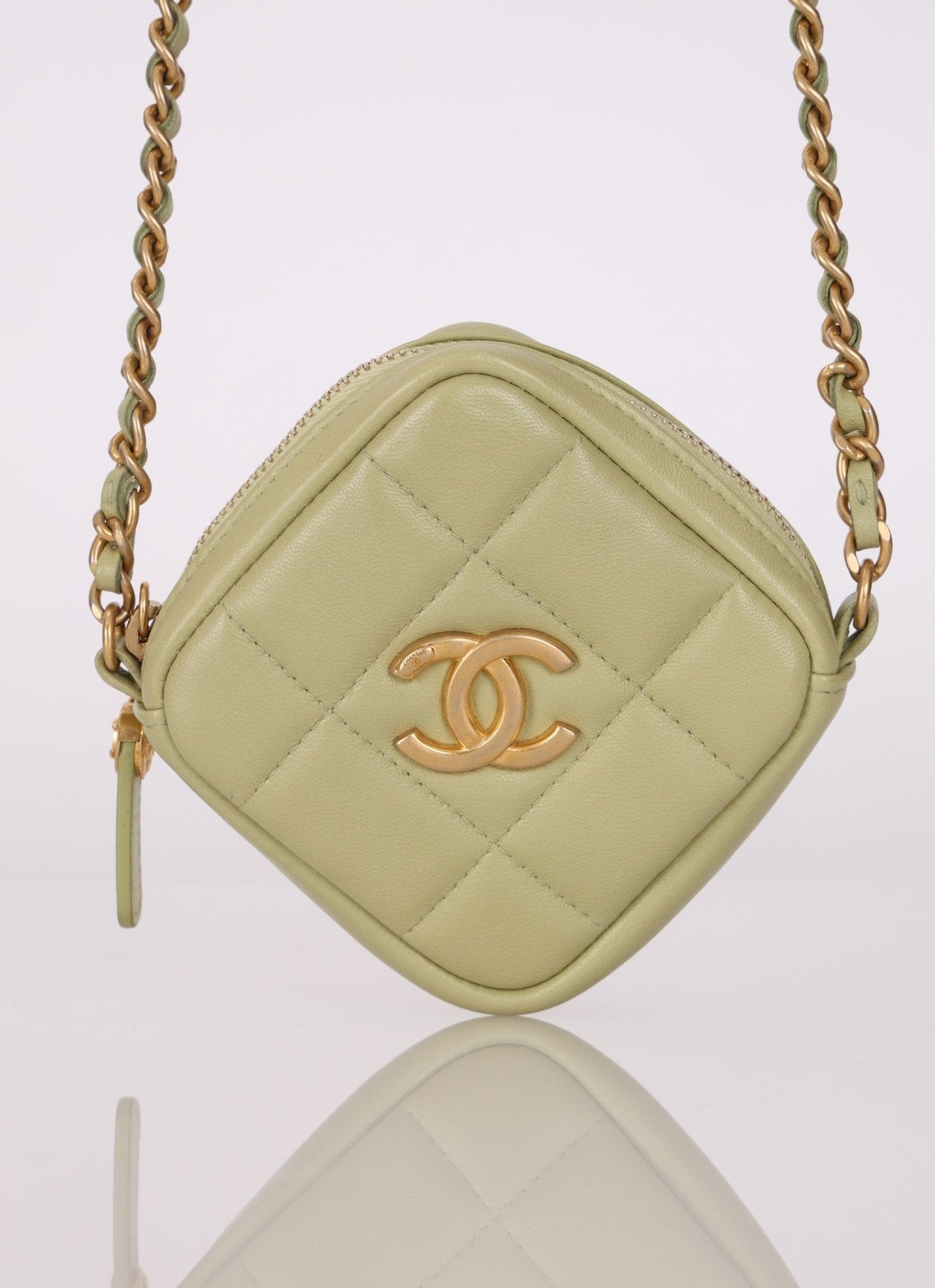 Chanel 2021 Pistachio Lambskin Chocolate Bar Mini Pouch on Chain - FashioNica