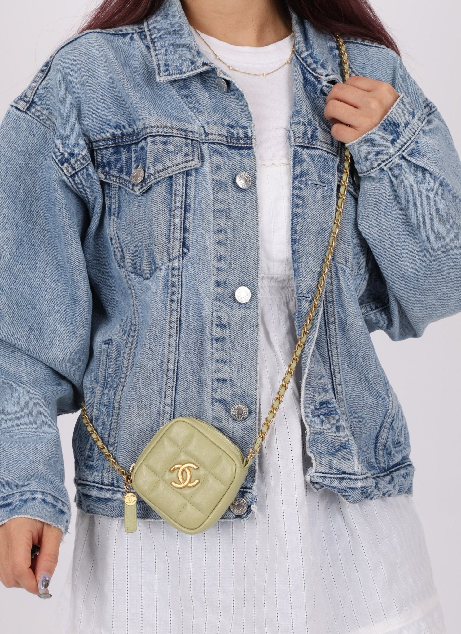 Chanel 2021 Pistachio Lambskin Chocolate Bar Mini Pouch on Chain - FashioNica