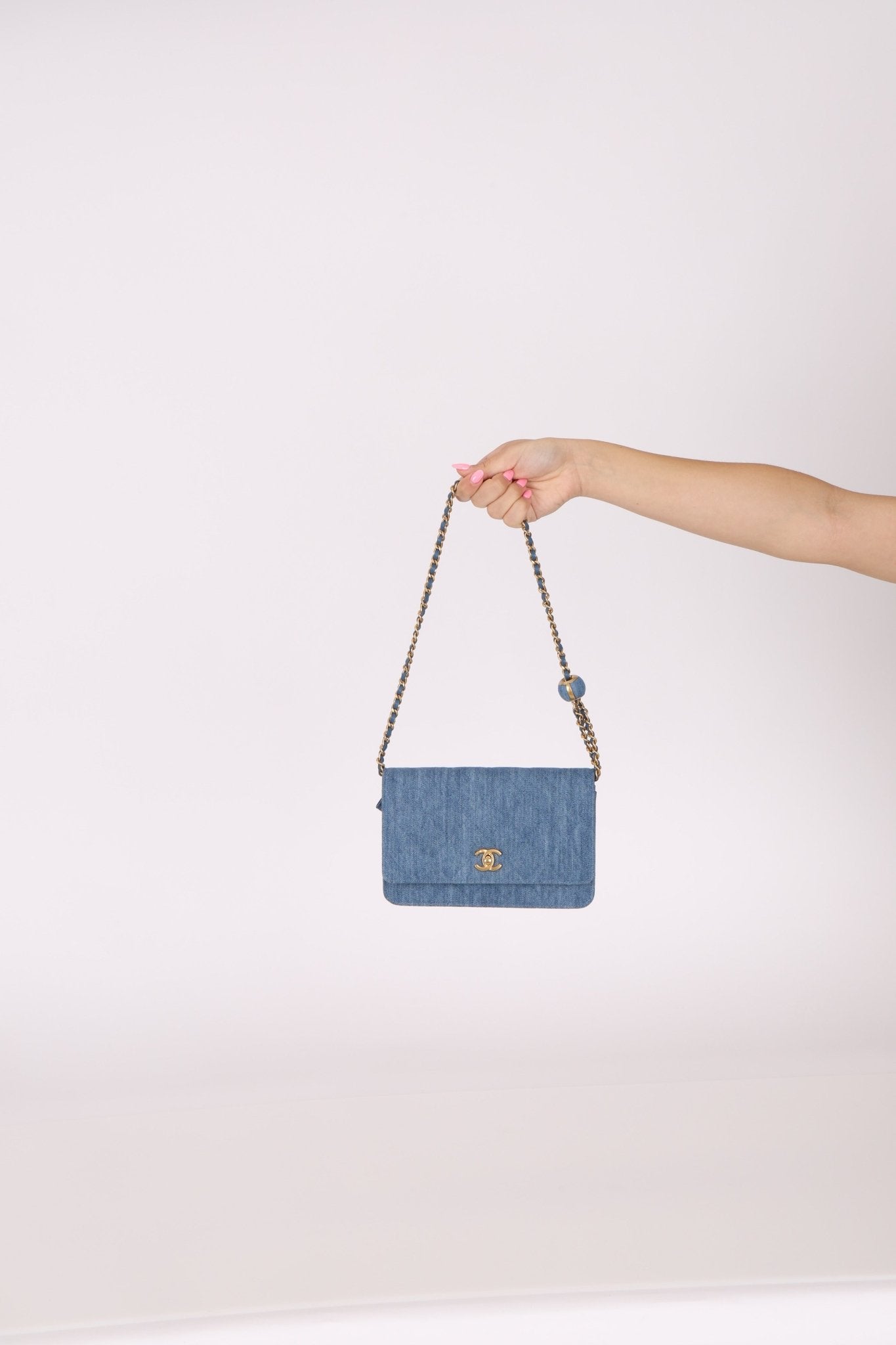 Chanel 2021 Quilted Denim Pearl Crush Wallet On Chain - FashioNica