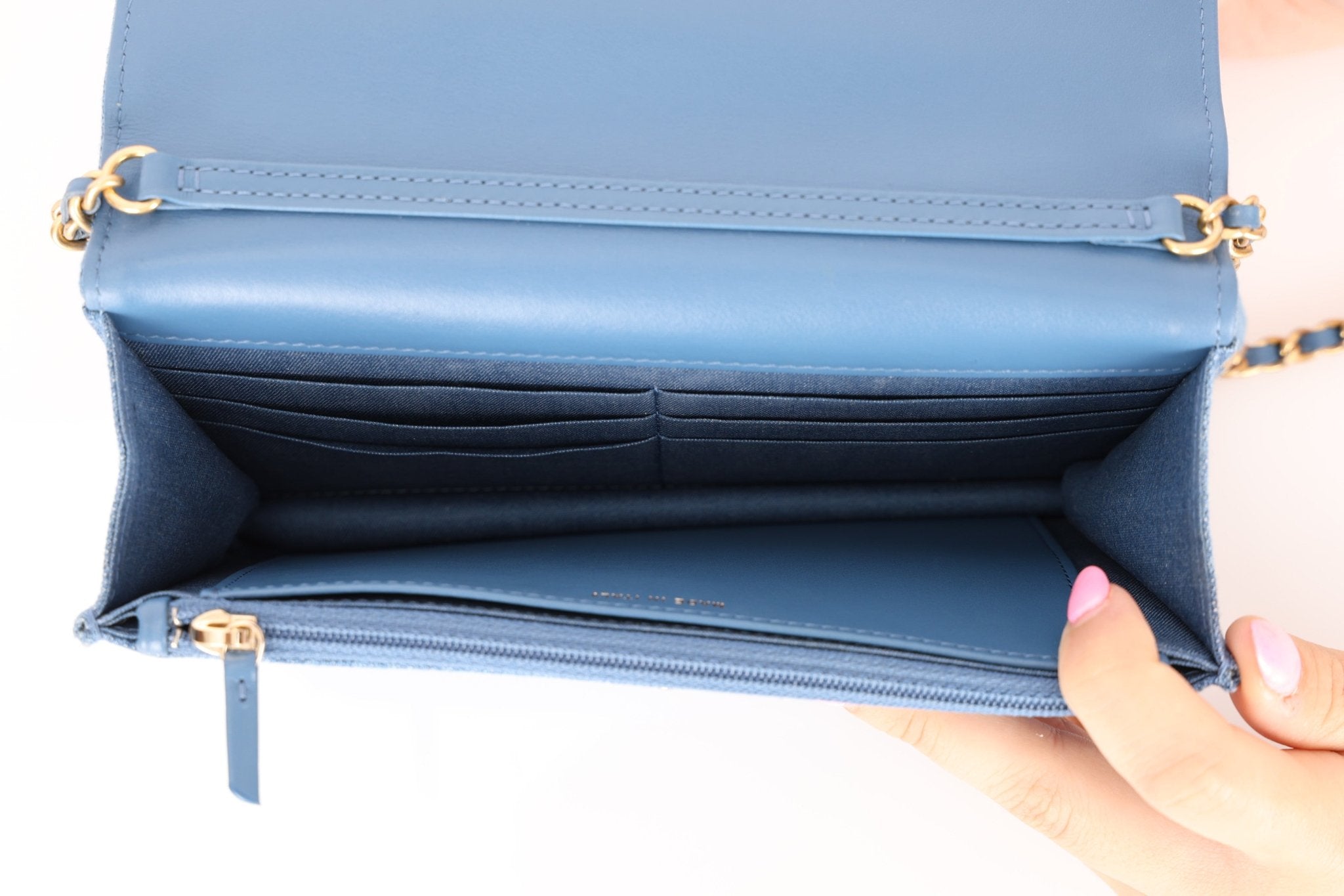 Chanel 2021 Quilted Denim Pearl Crush Wallet On Chain - FashioNica