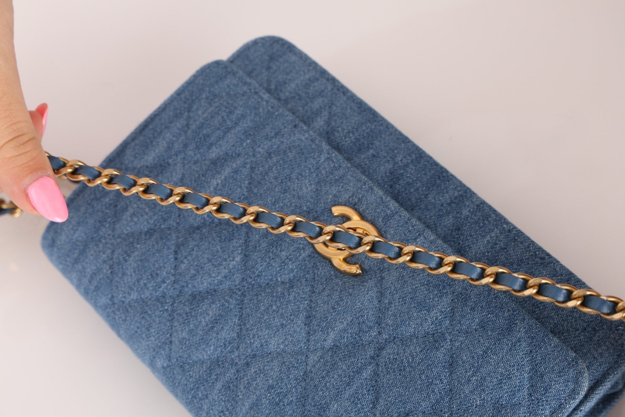 Chanel 2021 Quilted Denim Pearl Crush Wallet On Chain - FashioNica