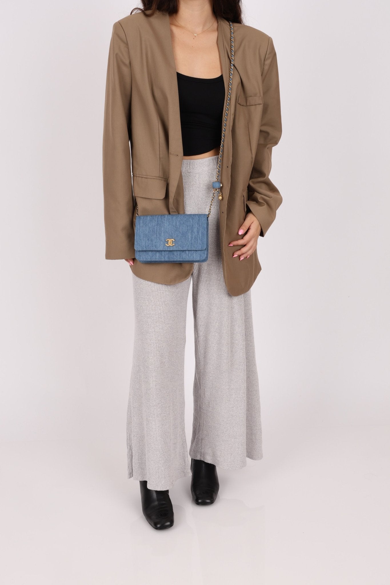 Chanel 2021 Quilted Denim Pearl Crush Wallet On Chain - FashioNica