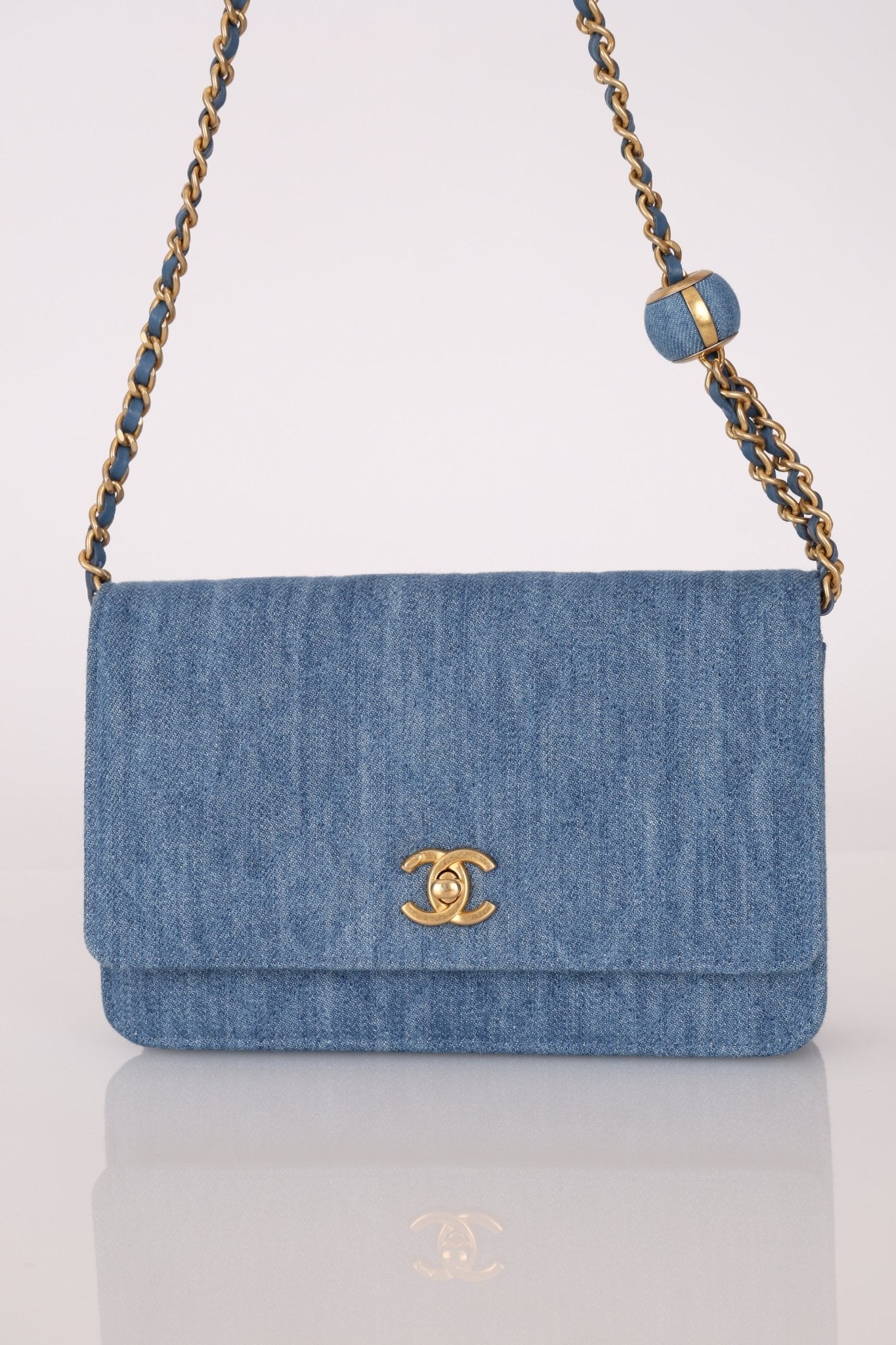 Chanel 2021 Quilted Denim Pearl Crush Wallet On Chain - FashioNica