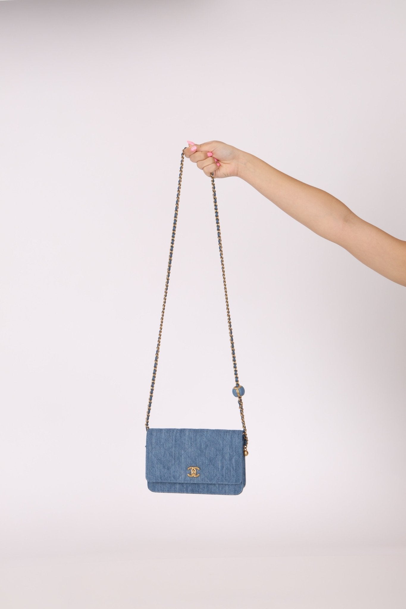 Chanel 2021 Quilted Denim Pearl Crush Wallet On Chain - FashioNica