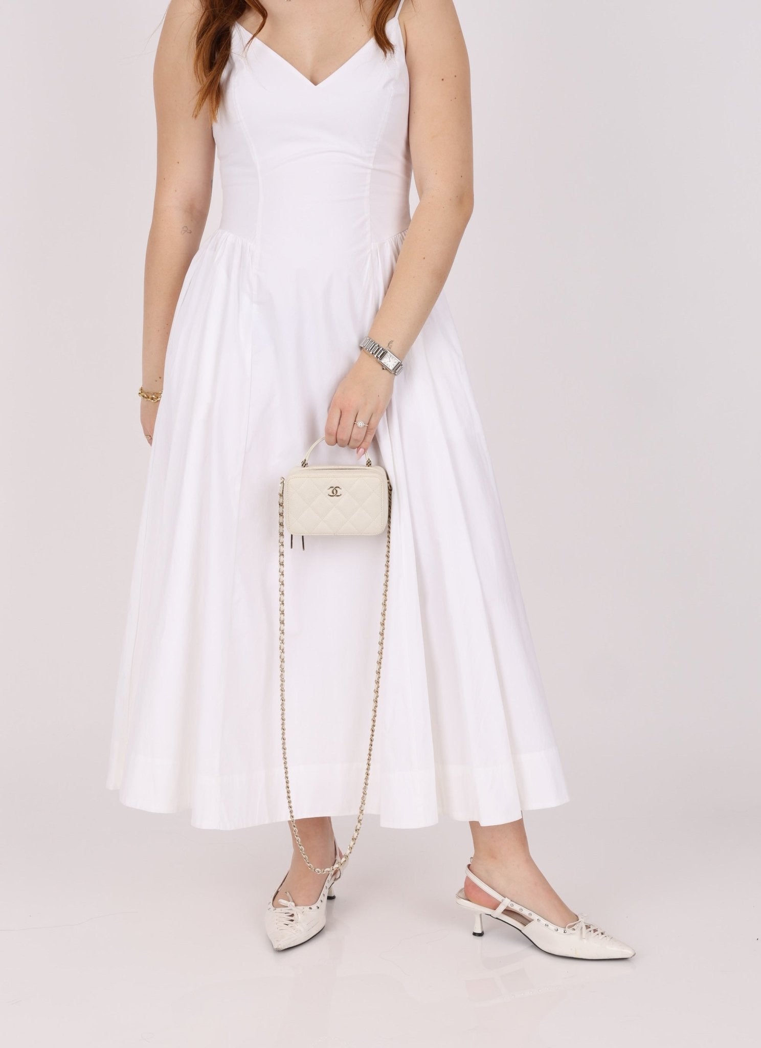 Chanel 2021 White Caviar Top Handle Small Vanity Crossbody with Chanel Mirror - FashioNica