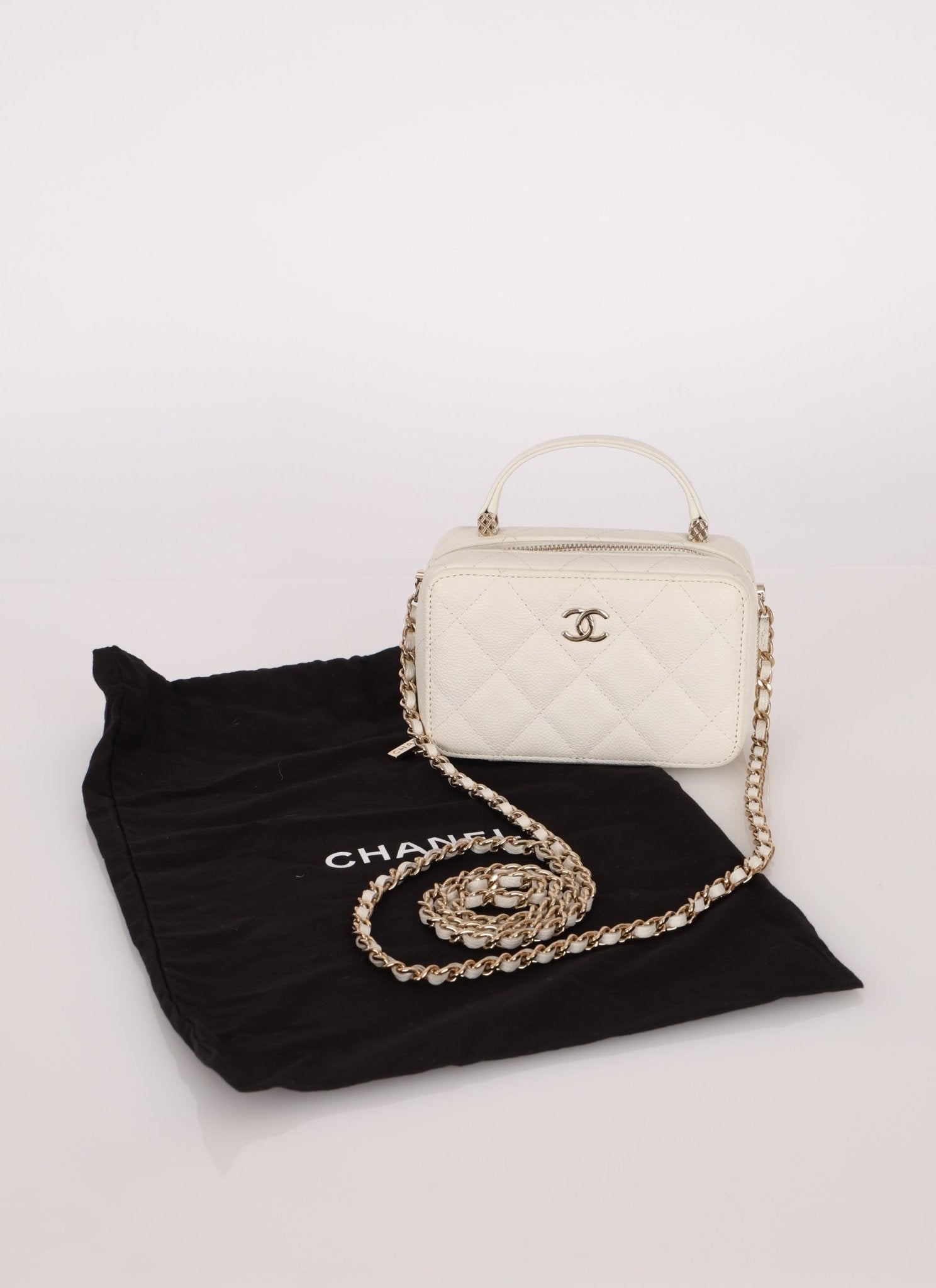 Chanel 2021 White Caviar Top Handle Small Vanity Crossbody with Chanel Mirror - FashioNica