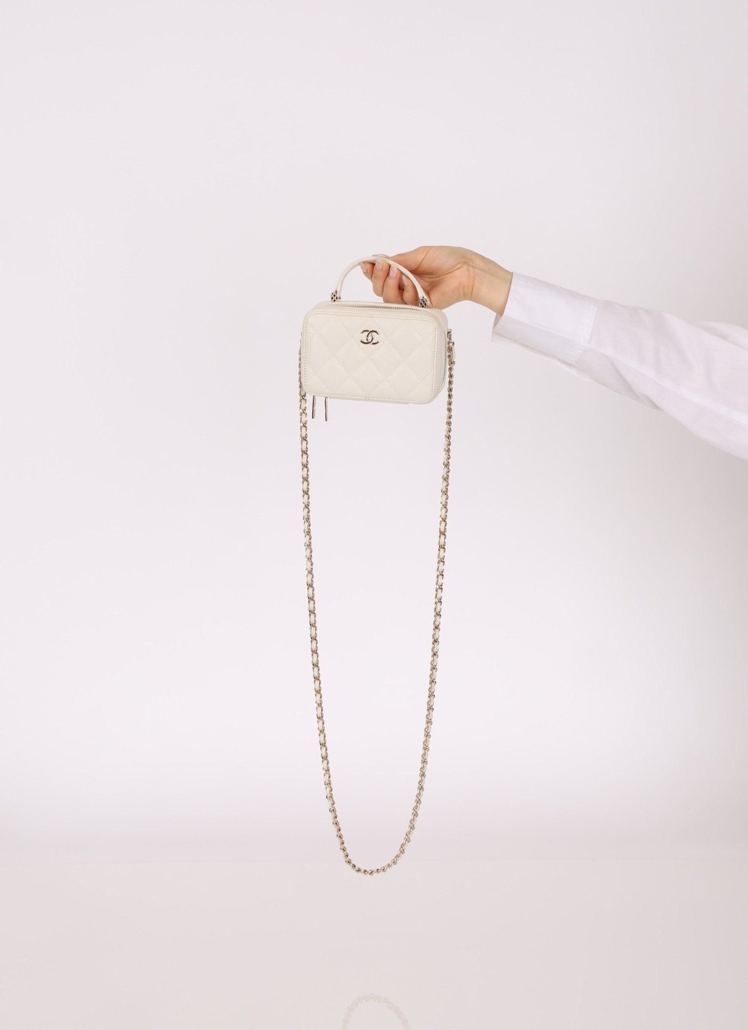 Chanel 2021 White Caviar Top Handle Small Vanity Crossbody with Chanel Mirror - FashioNica
