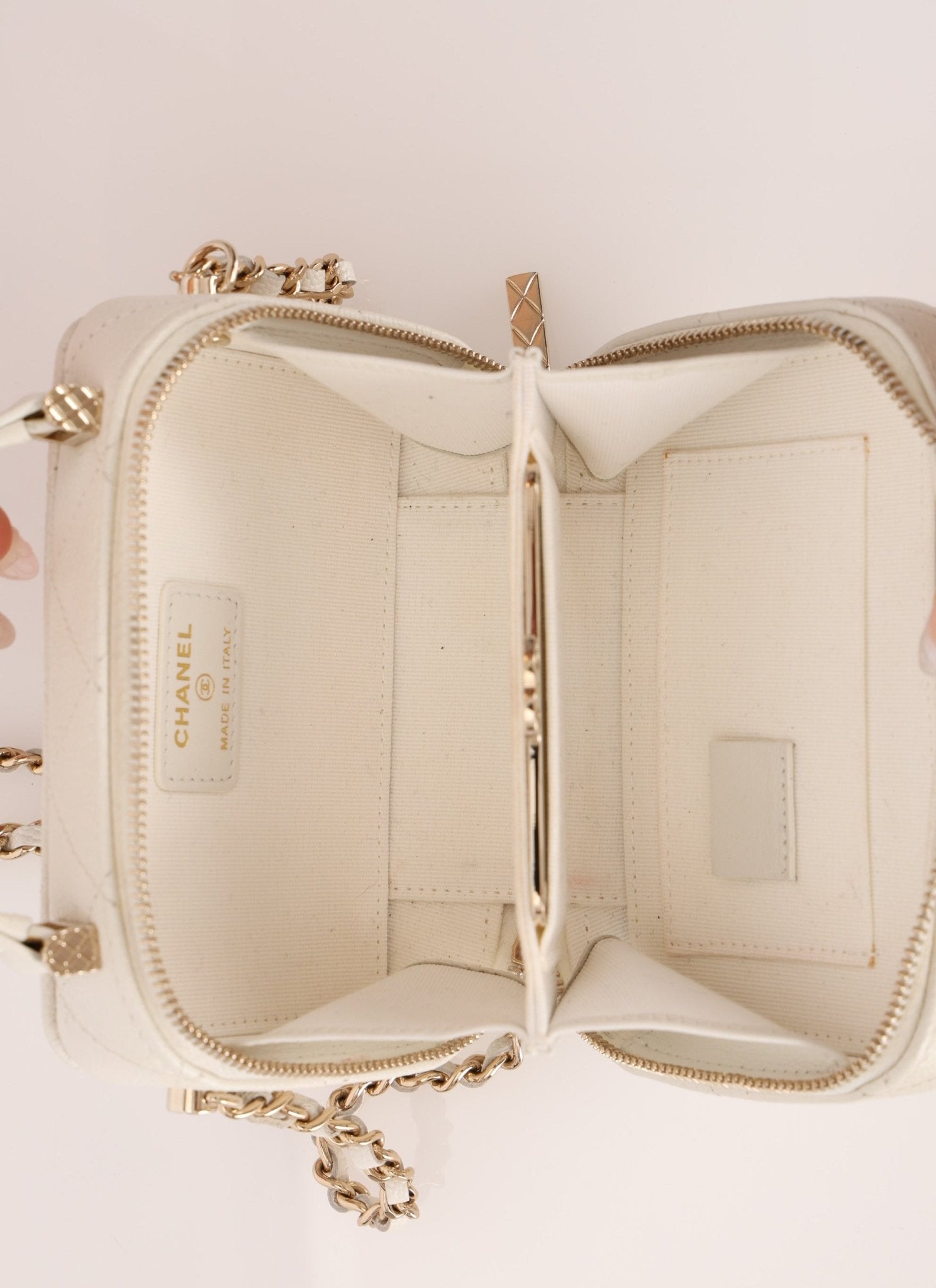 Chanel 2021 White Caviar Top Handle Small Vanity Crossbody with Chanel Mirror - FashioNica