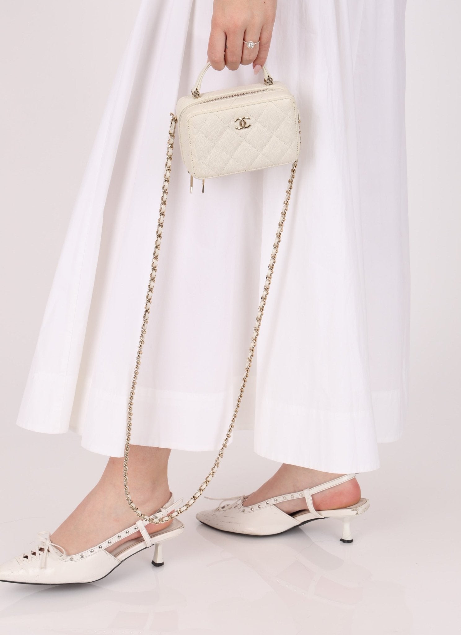 Chanel 2021 White Caviar Top Handle Small Vanity Crossbody with Chanel Mirror - FashioNica