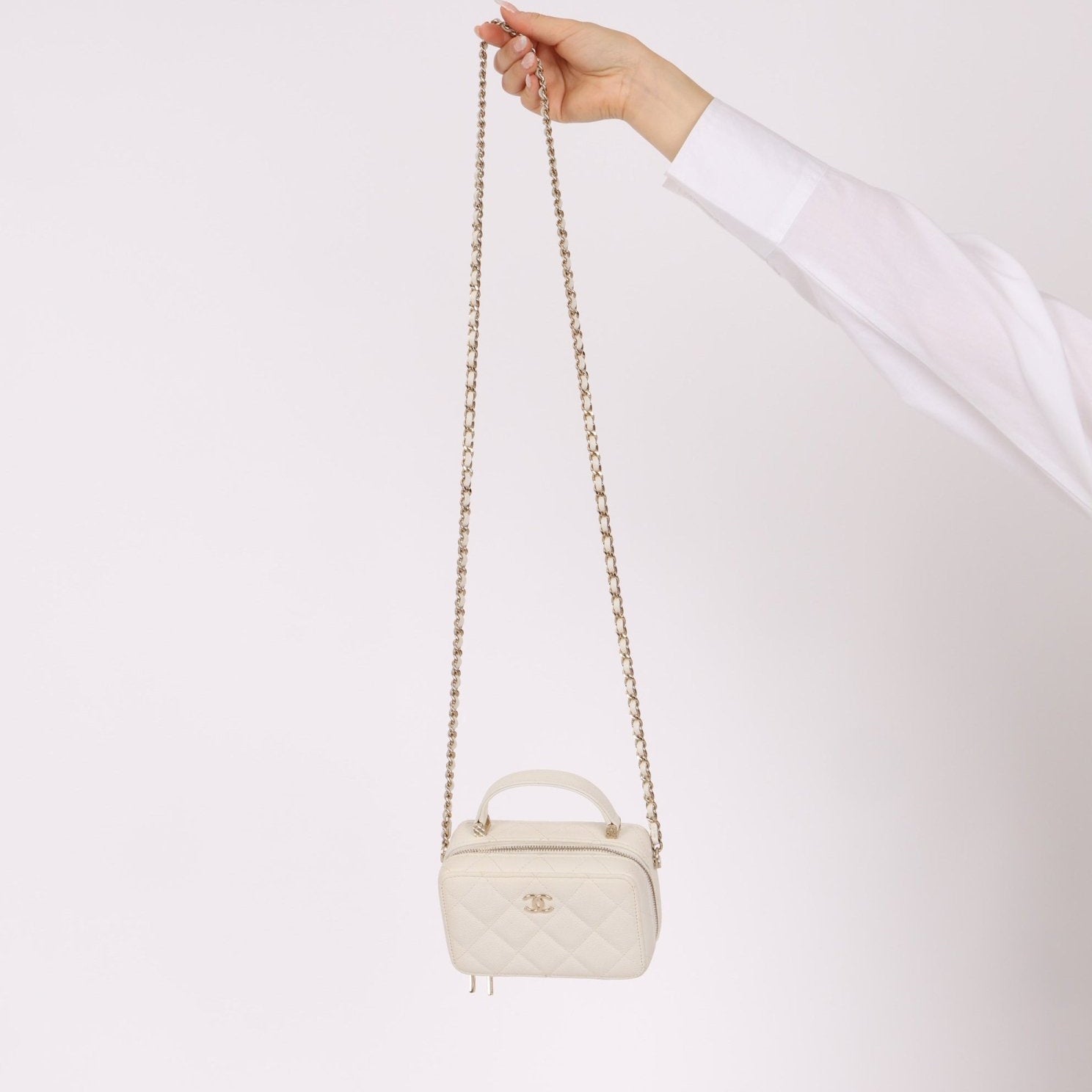 Chanel 2021 White Caviar Top Handle Small Vanity Crossbody with Chanel Mirror - FashioNica
