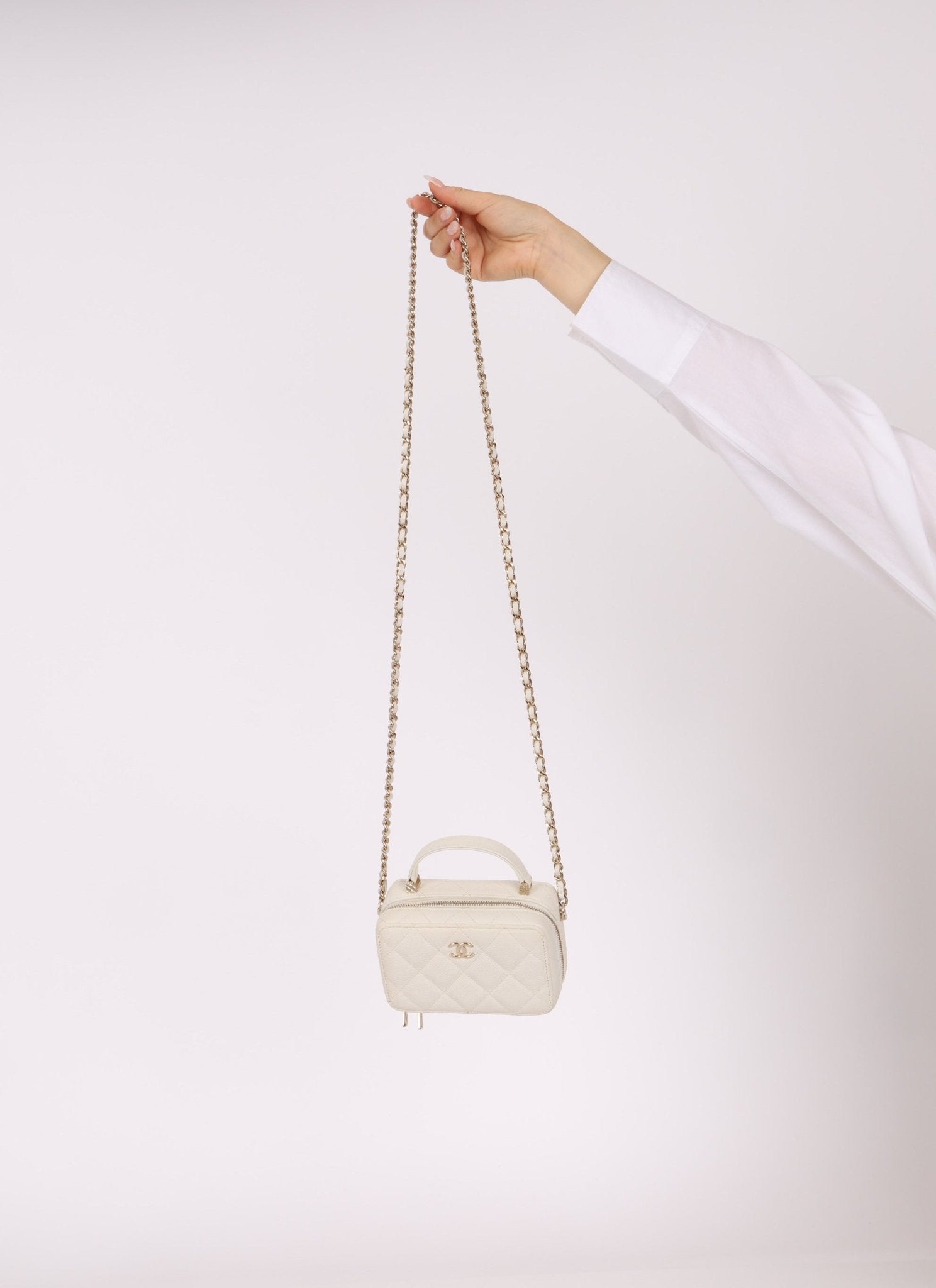 Chanel 2021 White Caviar Top Handle Small Vanity Crossbody with Chanel Mirror - FashioNica
