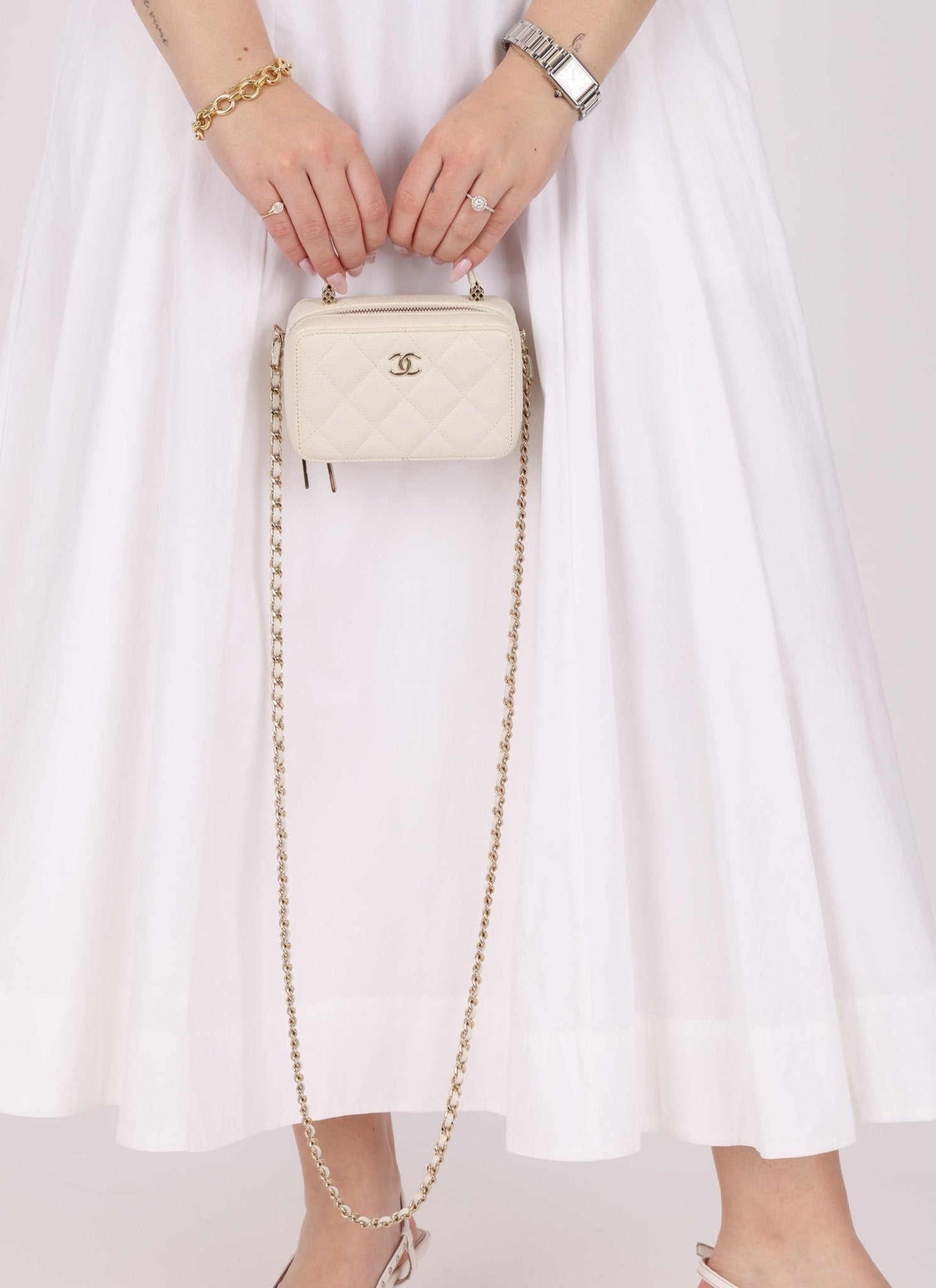 Chanel 2021 White Caviar Top Handle Small Vanity Crossbody with Chanel Mirror - FashioNica