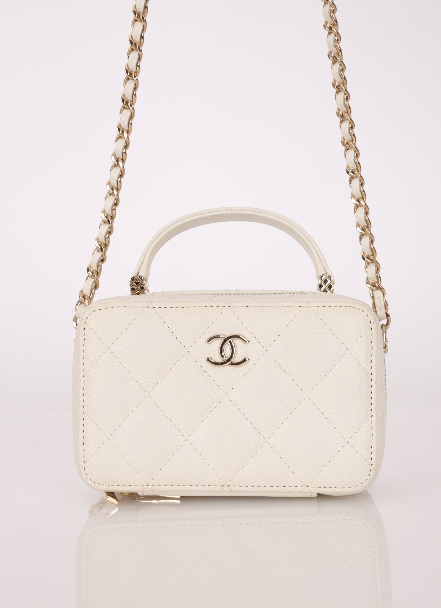 Chanel 2021 White Caviar Top Handle Small Vanity Crossbody with Chanel Mirror - FashioNica