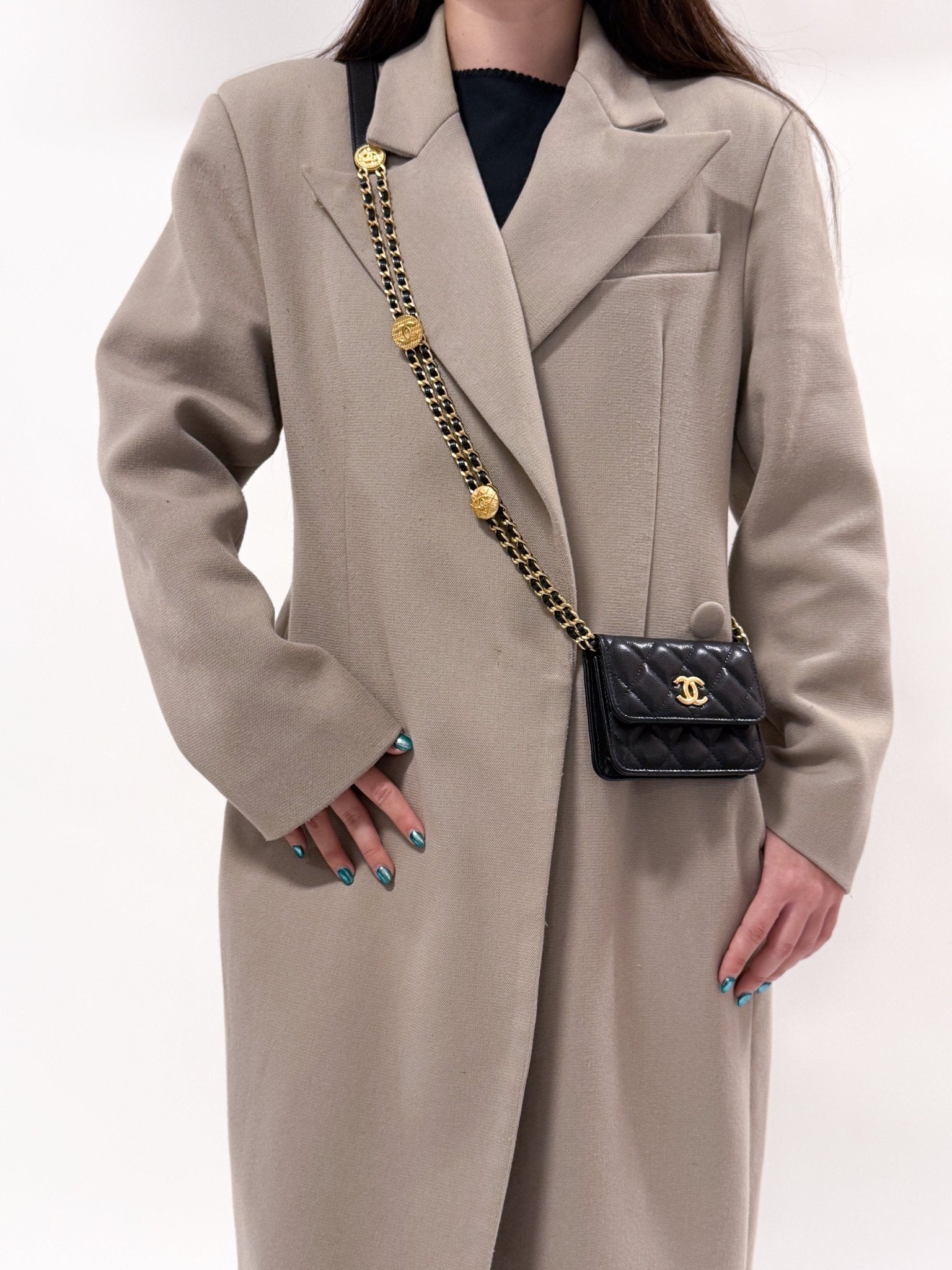 Chanel 2022 Caviar Quilted Twist Your Buttons Coin Purse With Chain - FashioNica