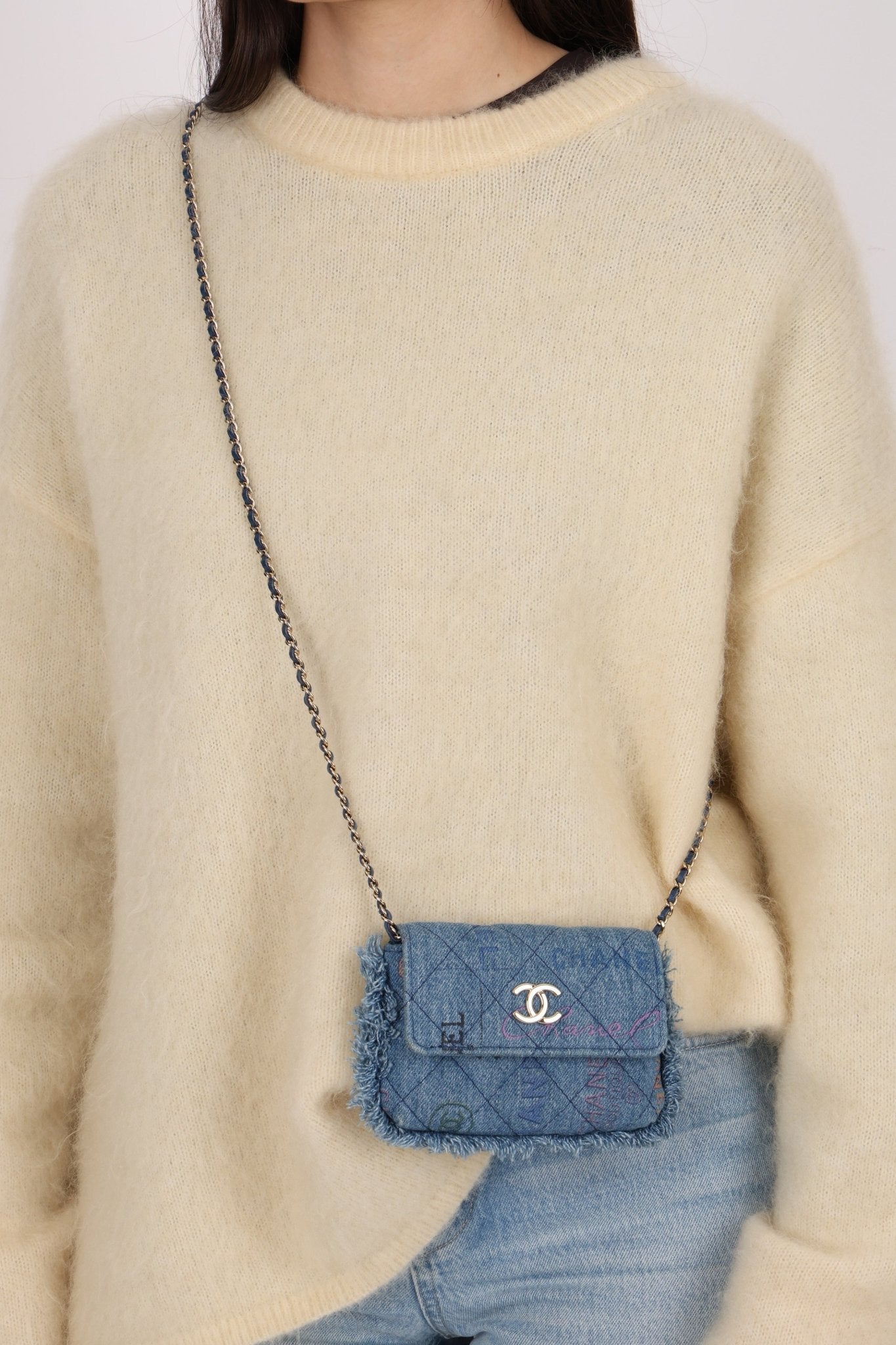Chanel 2022 Denim Quilted Denim Mood Clutch on Chain - FashioNica