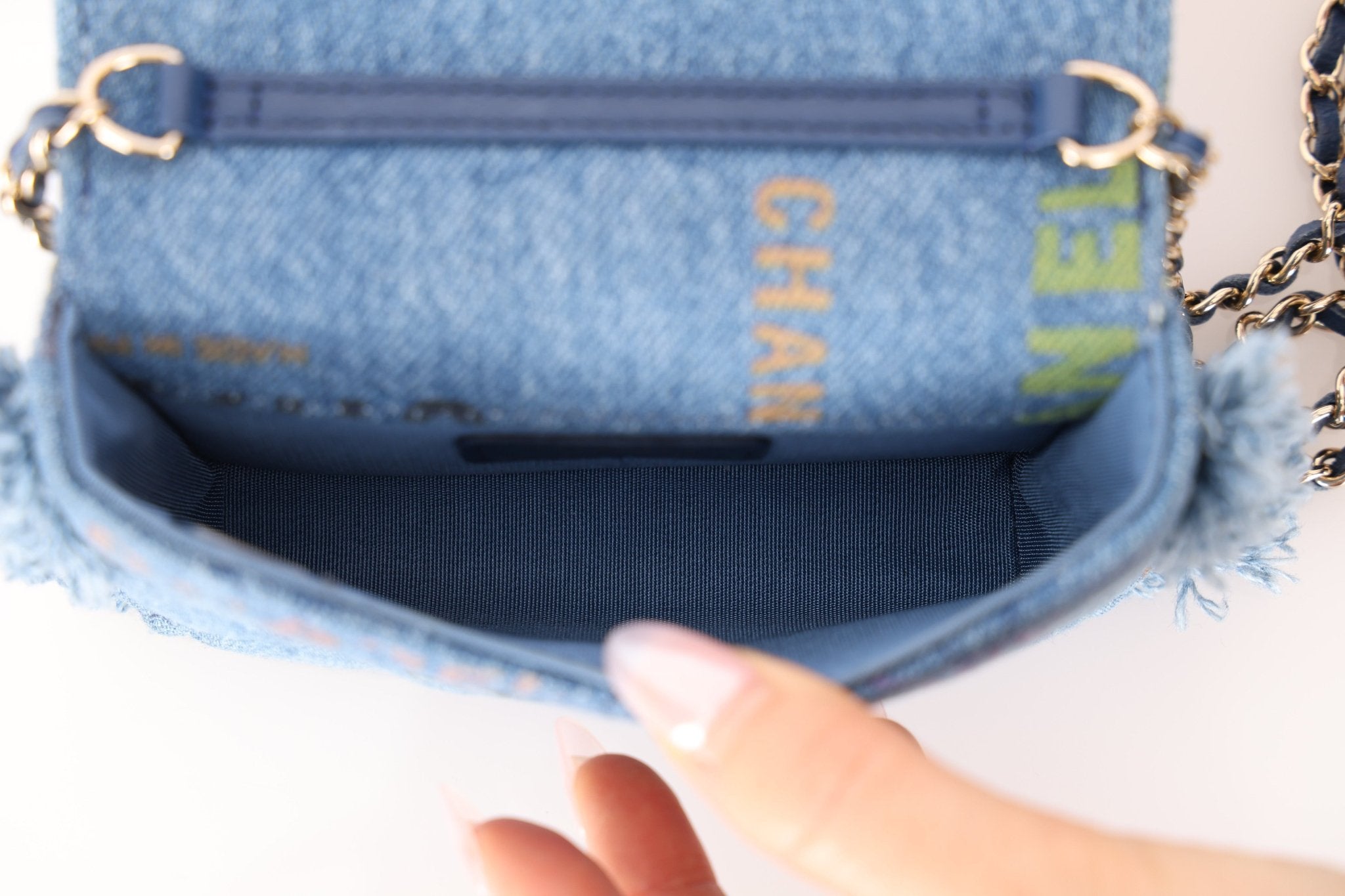 Chanel 2022 Denim Quilted Denim Mood Clutch on Chain - FashioNica