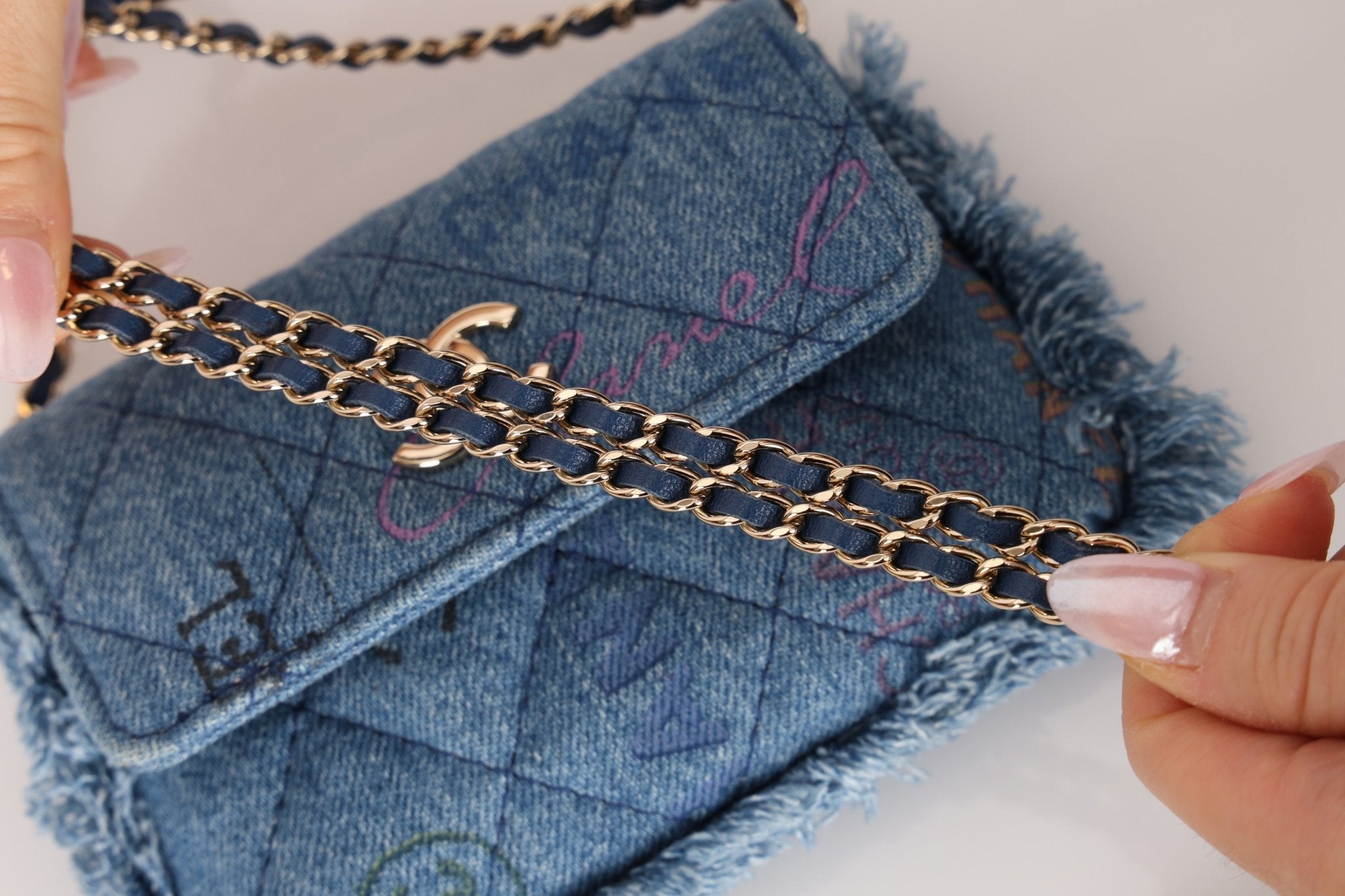 Chanel 2022 Denim Quilted Denim Mood Clutch on Chain - FashioNica
