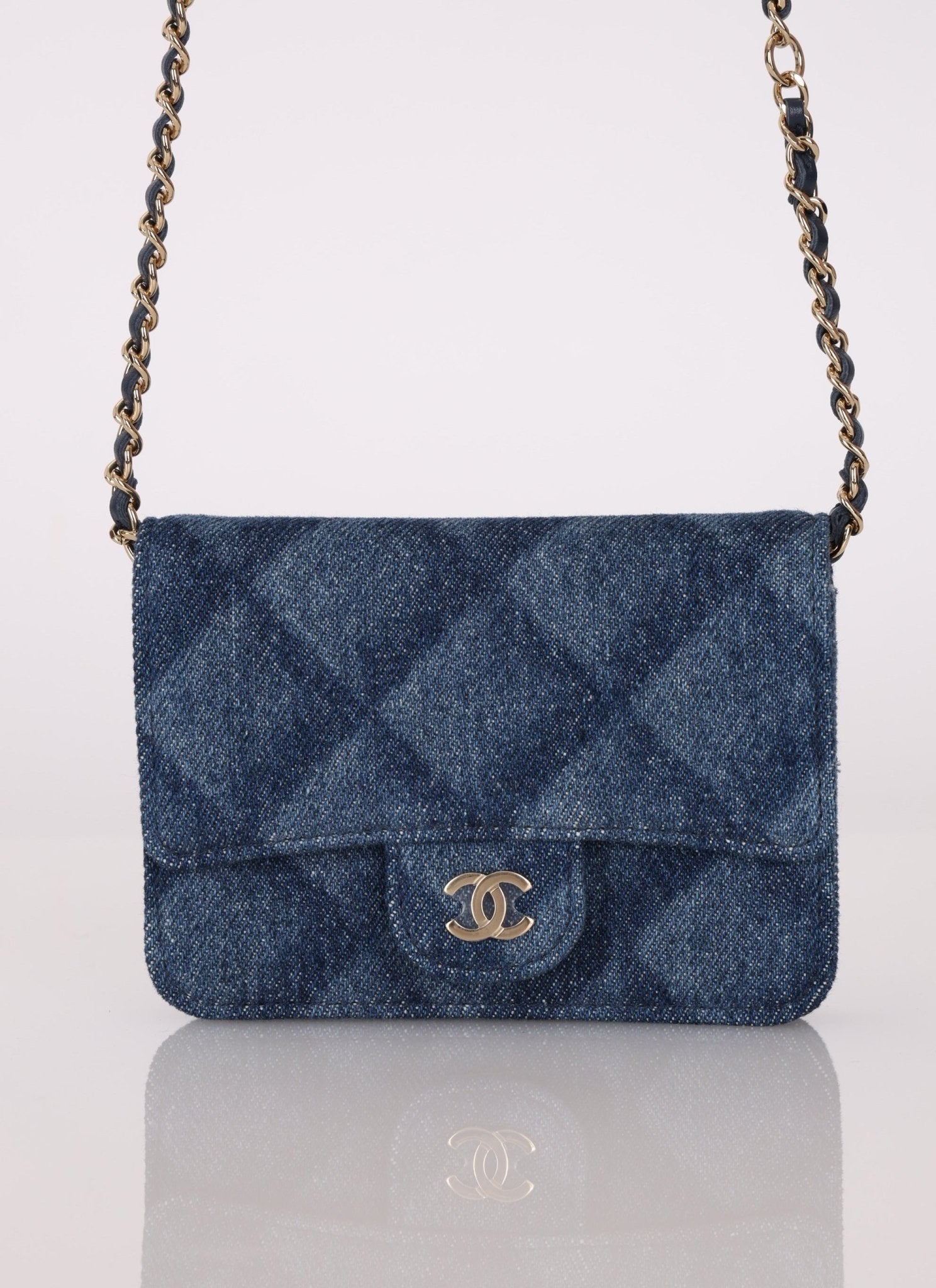 Chanel 2022 Denim Shadow Quilted Cardholder Chain Belt Bag - FashioNica