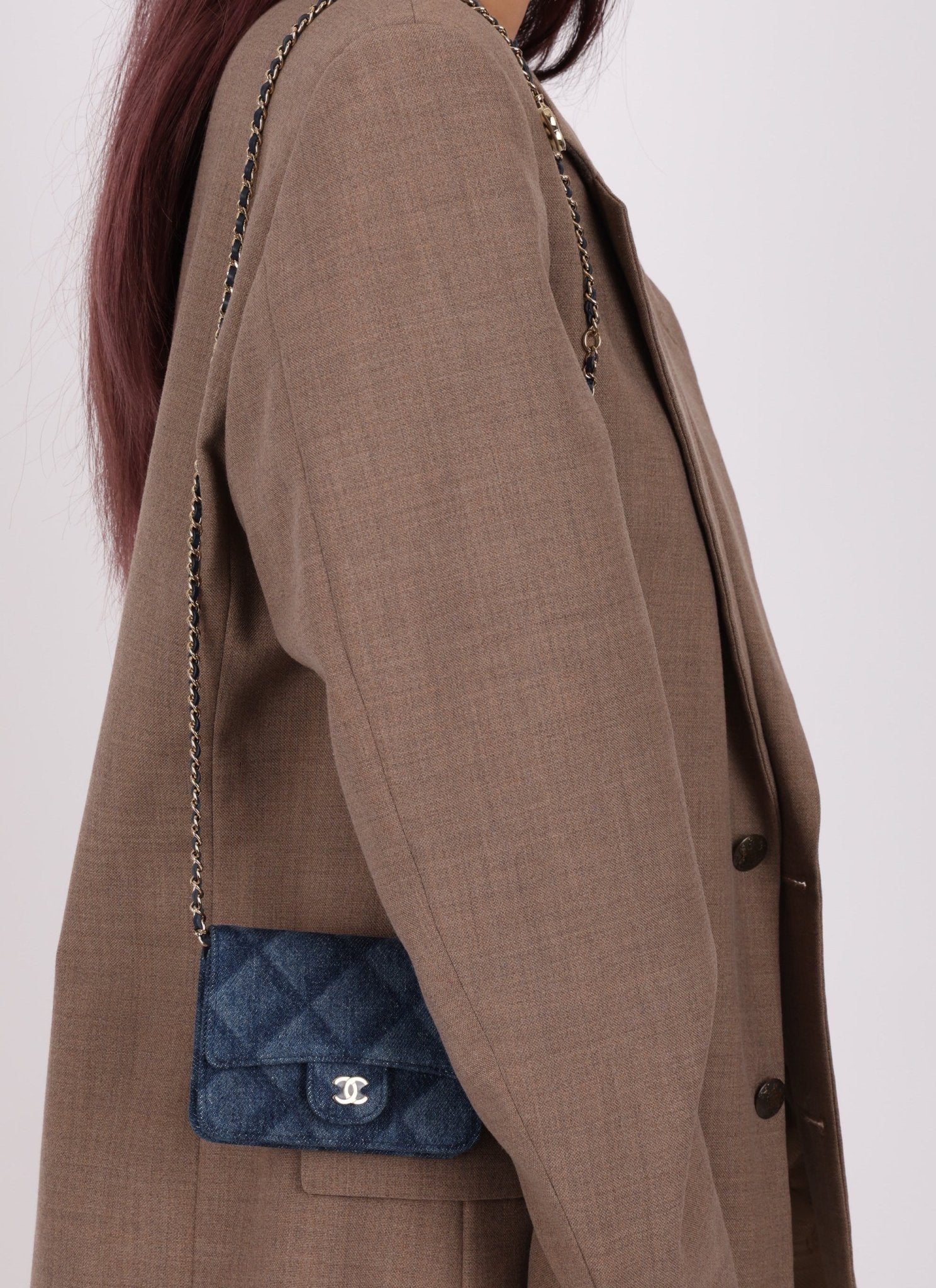 Chanel 2022 Denim Shadow Quilted Cardholder Chain Belt Bag - FashioNica