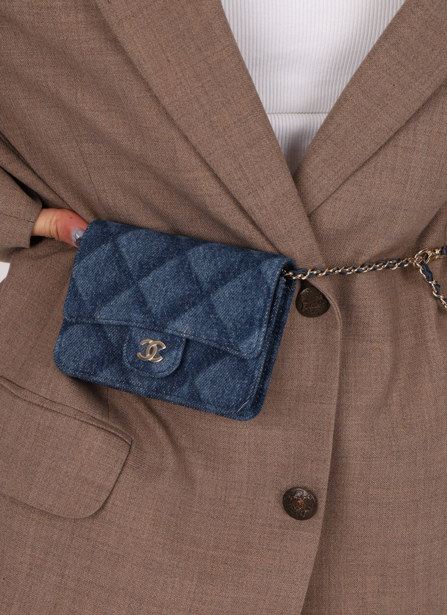 Chanel 2022 Denim Shadow Quilted Cardholder Chain Belt Bag - FashioNica