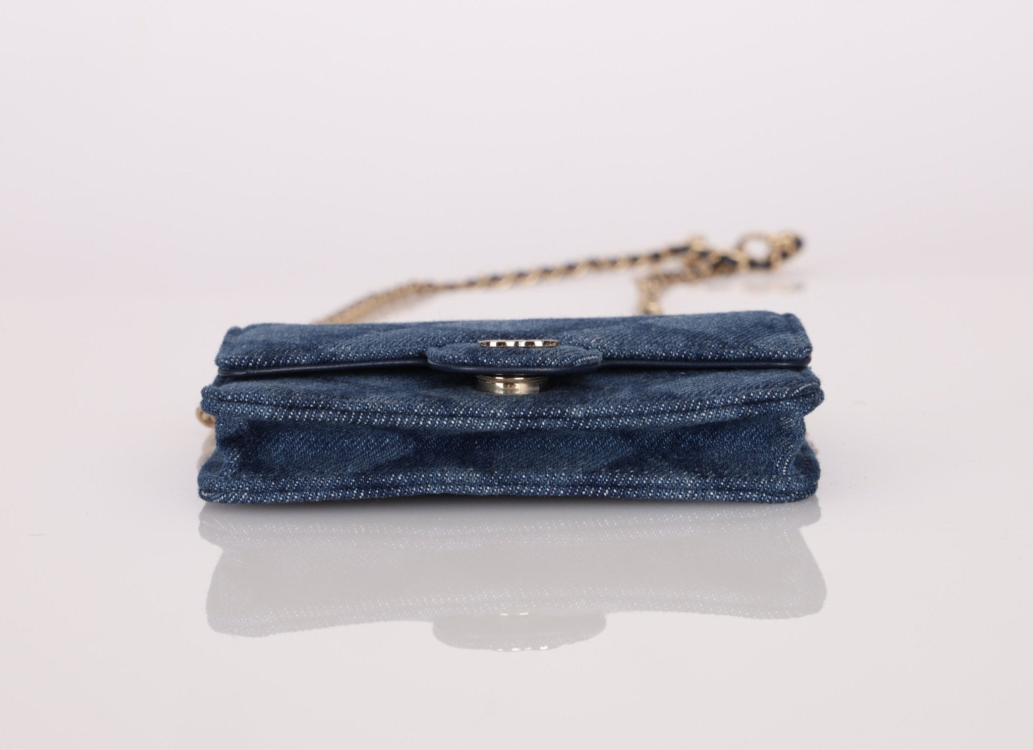 Chanel 2022 Denim Shadow Quilted Cardholder Chain Belt Bag - FashioNica