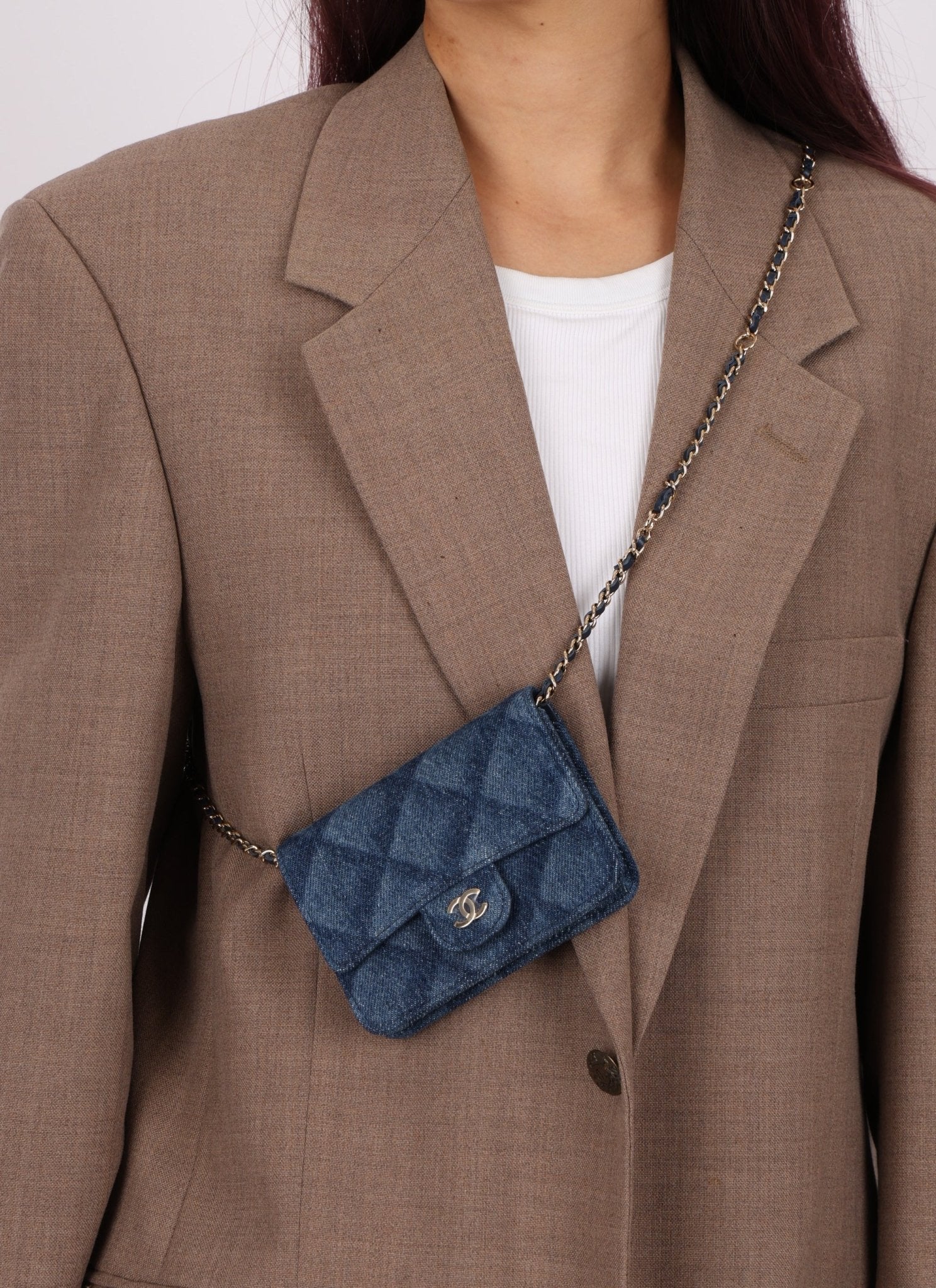 Chanel 2022 Denim Shadow Quilted Cardholder Chain Belt Bag - FashioNica