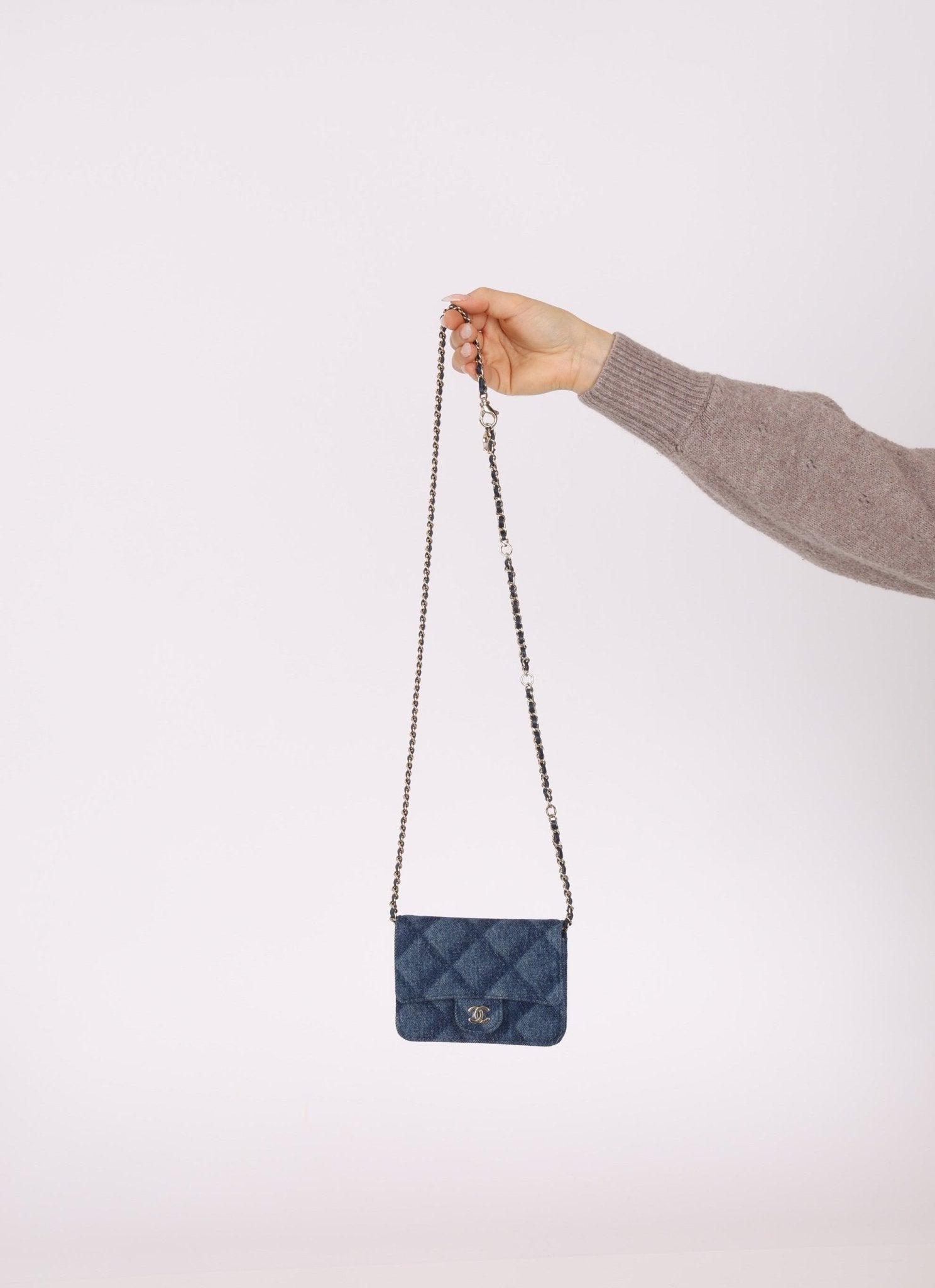 Chanel 2022 Denim Shadow Quilted Cardholder Chain Belt Bag - FashioNica