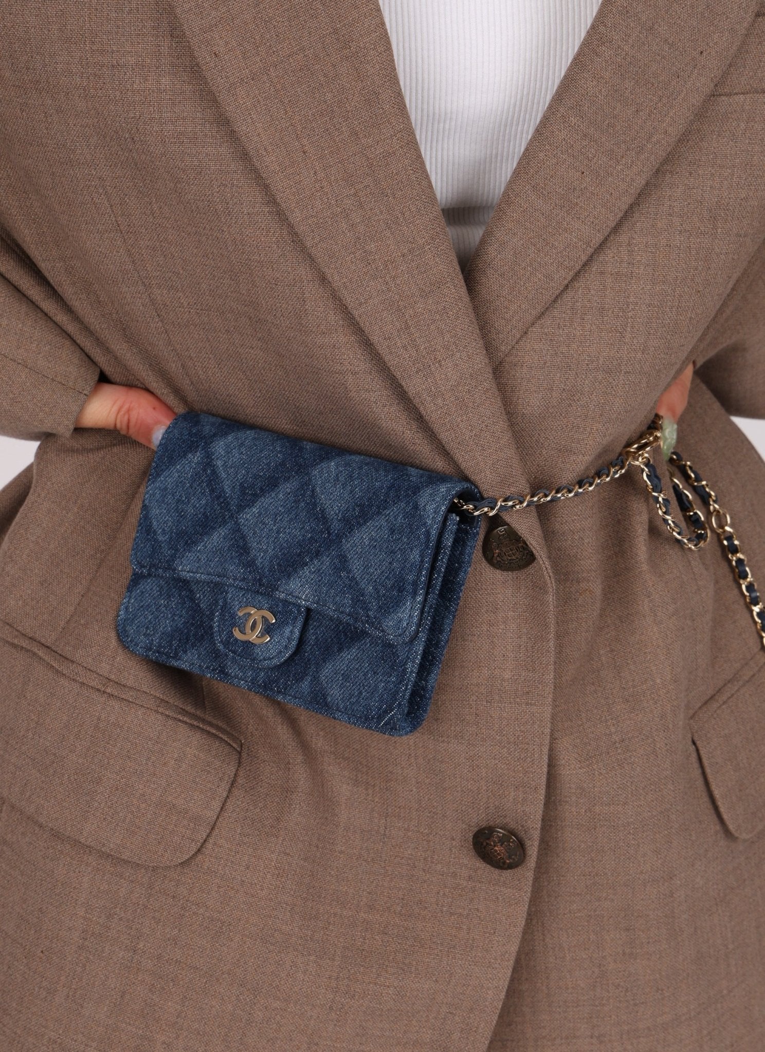 Chanel 2022 Denim Shadow Quilted Cardholder Chain Belt Bag - FashioNica