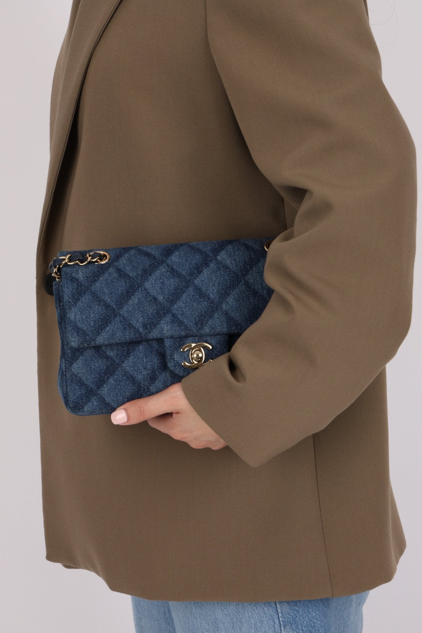 Chanel 2022 Quilted Trompe L'oeil Denim Small Classic Flap GHW - FashioNica
