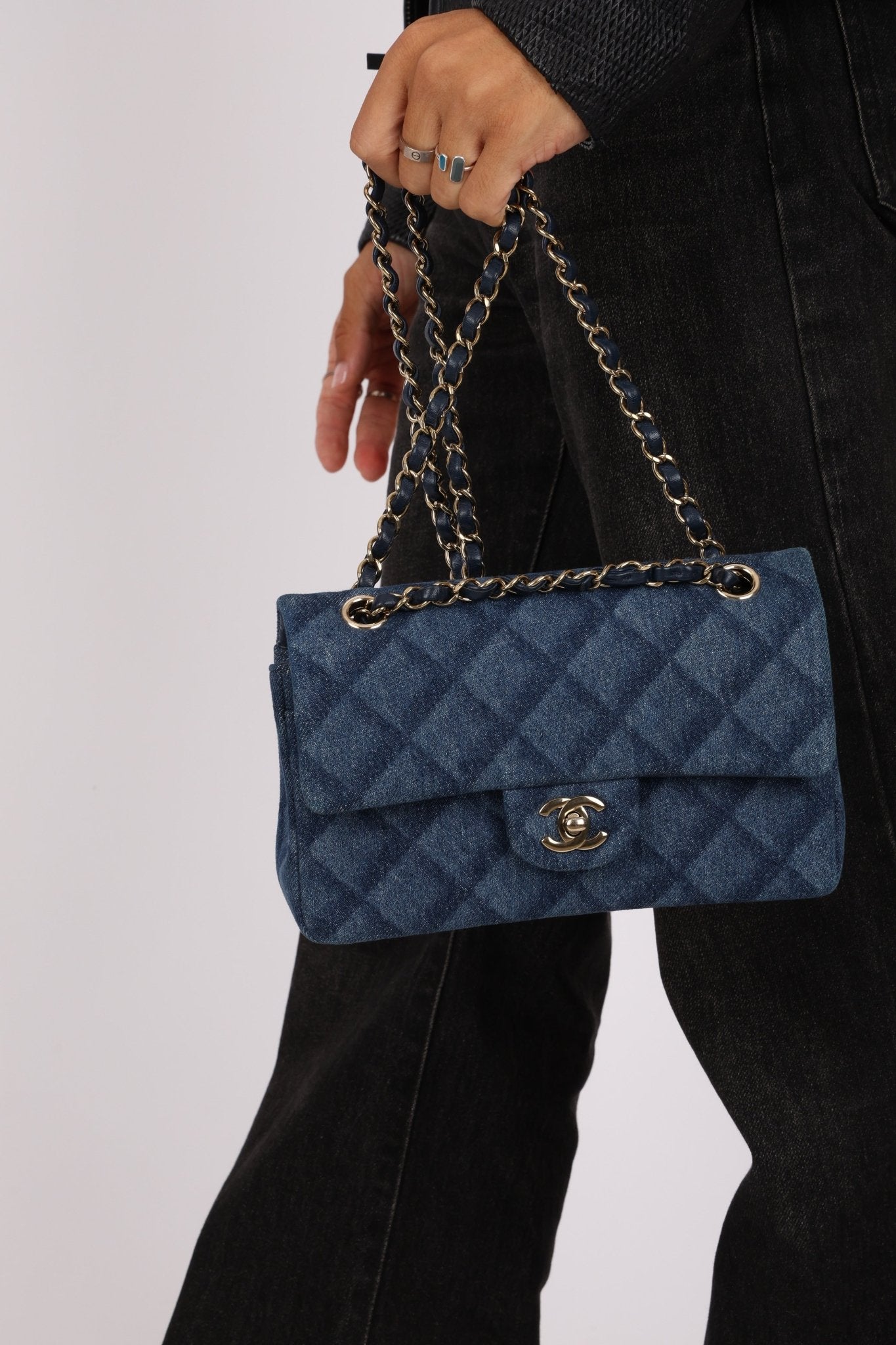 Chanel 2022 Quilted Trompe L'oeil Denim Small Classic Flap GHW - FashioNica