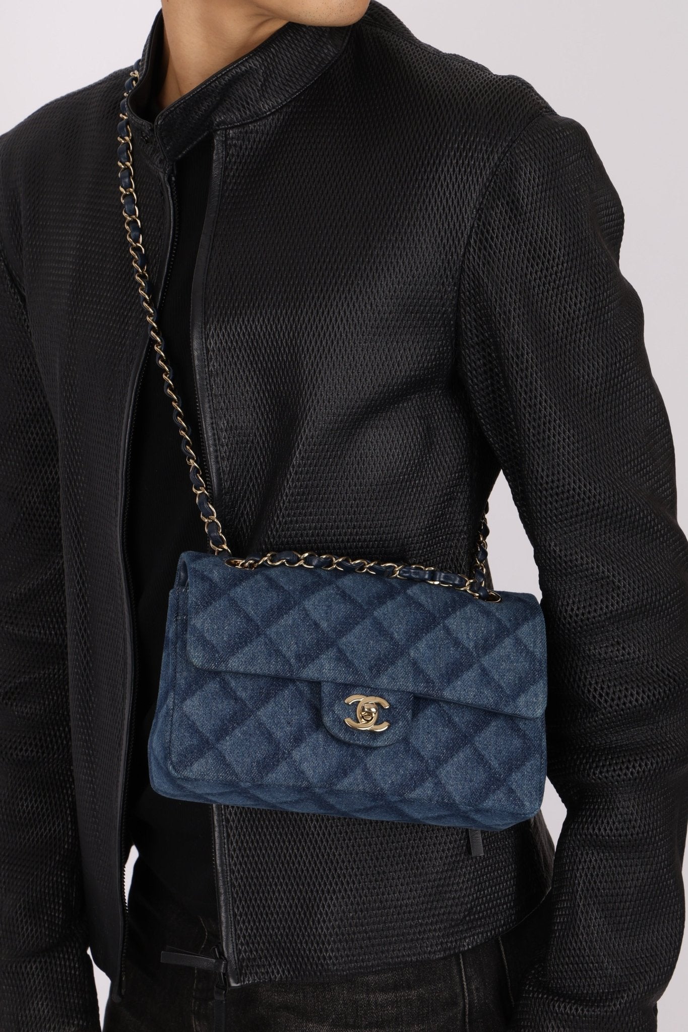 Chanel 2022 Quilted Trompe L'oeil Denim Small Classic Flap GHW - FashioNica
