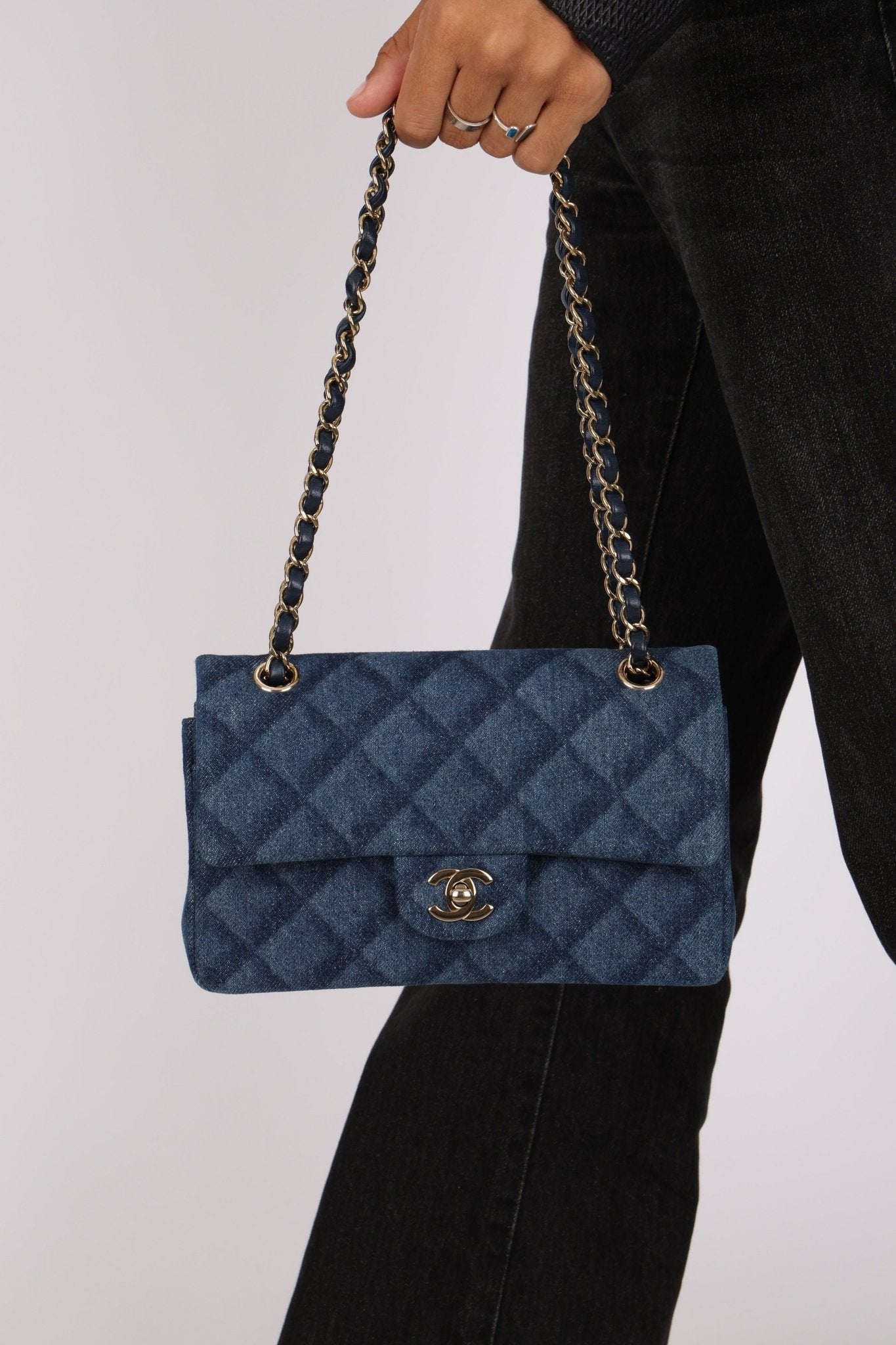 Chanel 2022 Quilted Trompe L'oeil Denim Small Classic Flap GHW - FashioNica