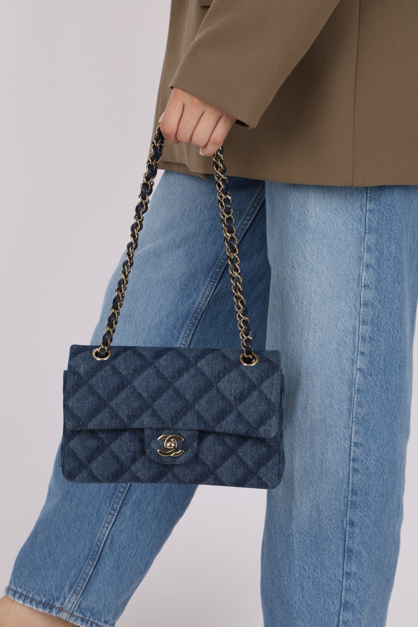 Chanel 2022 Quilted Trompe L'oeil Denim Small Classic Flap GHW - FashioNica
