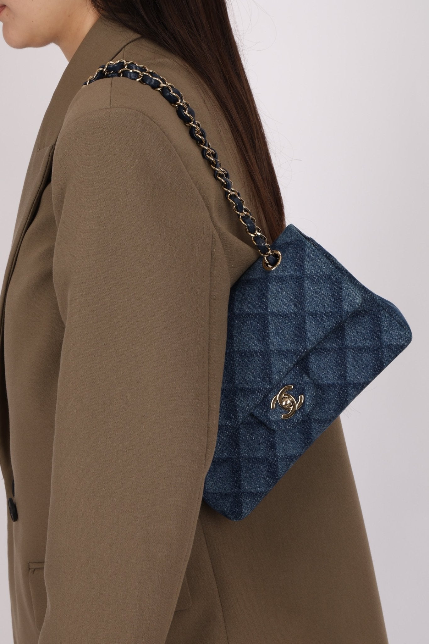 Chanel 2022 Quilted Trompe L'oeil Denim Small Classic Flap GHW - FashioNica