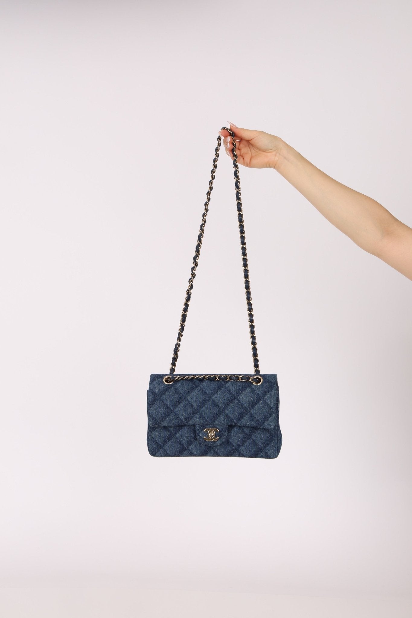 Chanel 2022 Quilted Trompe L'oeil Denim Small Classic Flap GHW - FashioNica