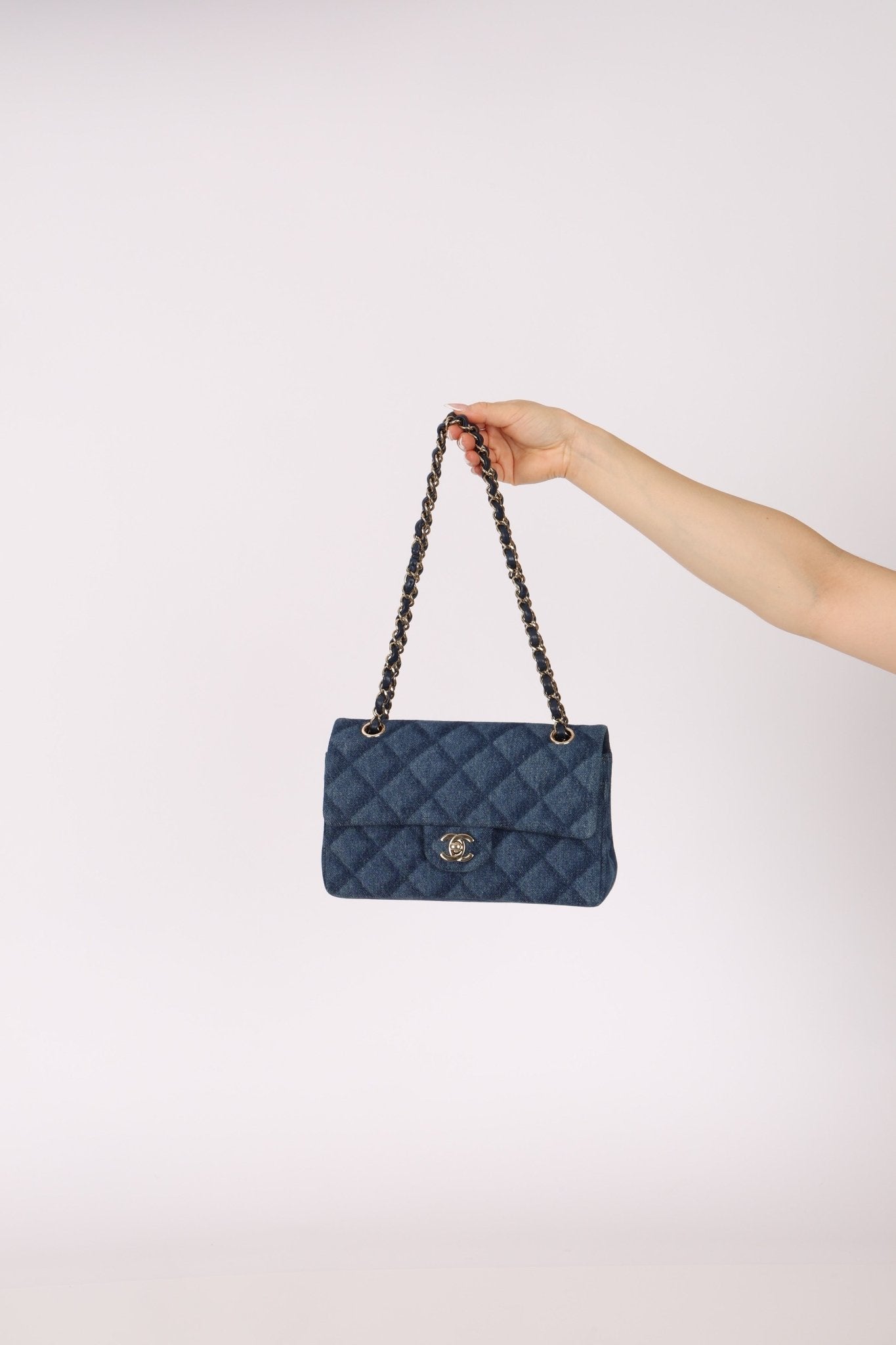 Chanel 2022 Quilted Trompe L'oeil Denim Small Classic Flap GHW - FashioNica