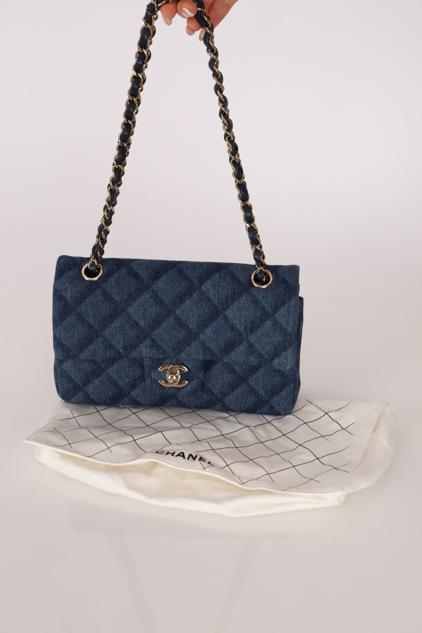 Chanel 2022 Quilted Trompe L'oeil Denim Small Classic Flap GHW - FashioNica
