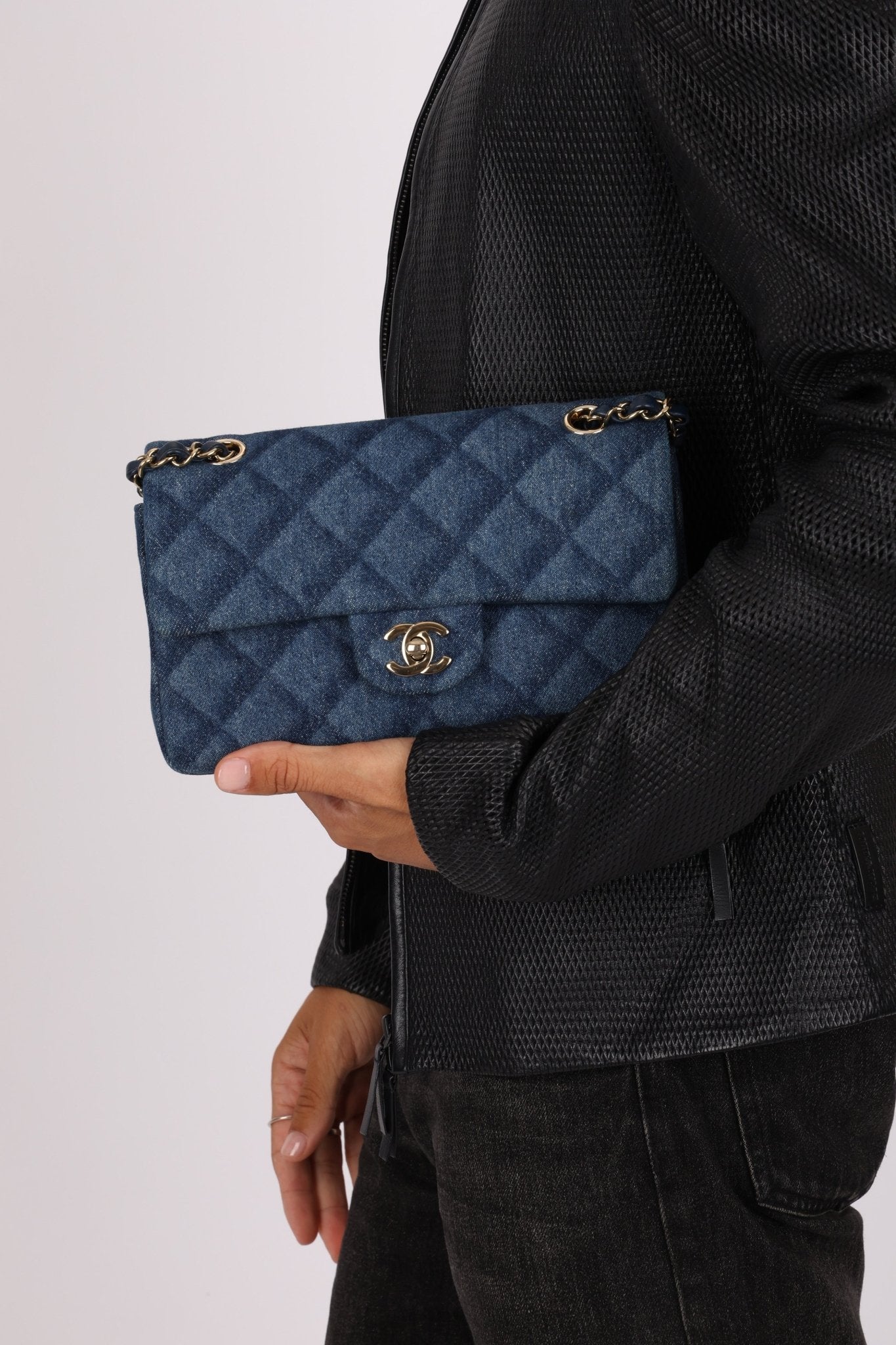 Chanel 2022 Quilted Trompe L'oeil Denim Small Classic Flap GHW - FashioNica