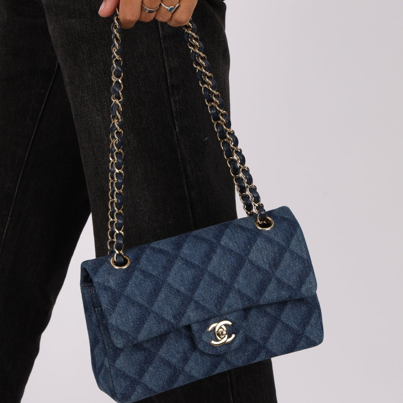 Chanel 2022 Quilted Trompe L'oeil Denim Small Classic Flap GHW - FashioNica